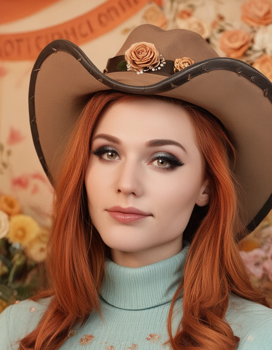 score_9, score_8_up, score_7_up, score_6_up, amouranth, solo, [gold flowers:roses:0.5], cinematic, portrait, cheek lines, silver eyeshadow, makeup, poster, detailed, long hair, orange hair, [mandala, geometric background:flower background:0.5], cowboy hat, turtleneck, complex background,  <lora:Amouranth_Pony_DoRa_32b:0.86>