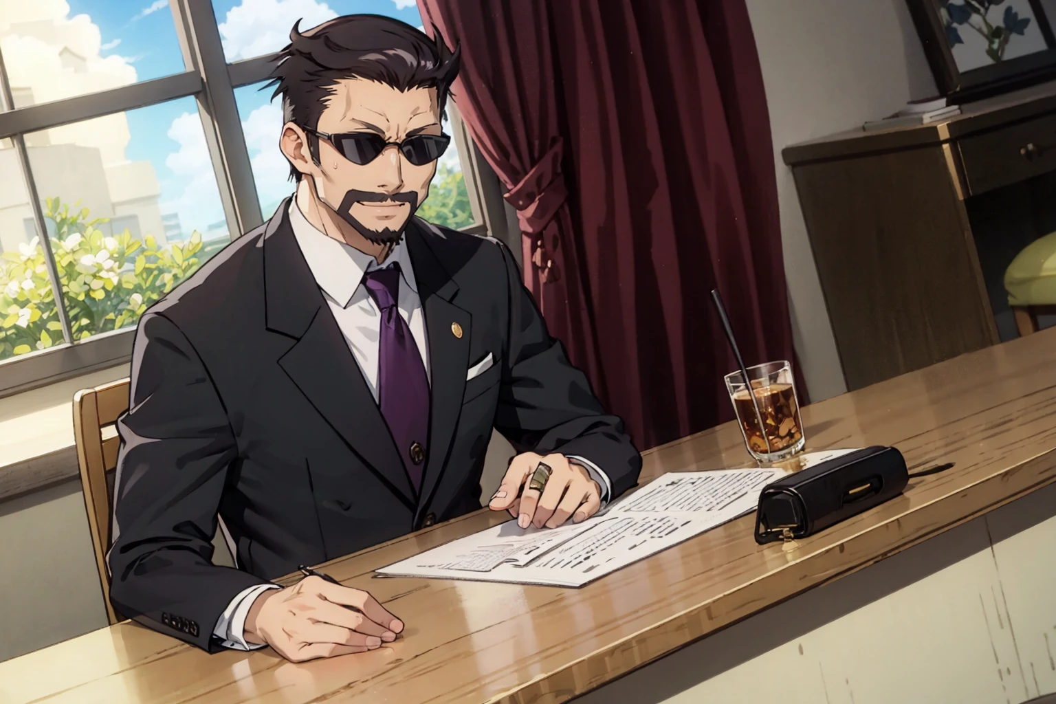 <lora:kasai_lora_dim32_anime:0.85> kasai tatsuyoshi, best quality, 1man, (sweat:1.1), smile, sitting, seiza, full body, irori, BREAK mature male, suit, formal, purple necktie, beard, sunglasses, highly detailed, masterpiece