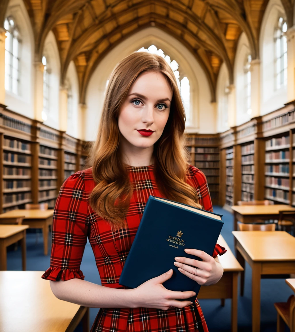 <lora:p34ch_22XL-000008:0.8>, a (close up:1.2) photograph of 22 year old beautiful(p34ch woman:1.1) as a librarian,wearing a red plaid dress,standing in a (library at Oxford University:1.3),holding an leather bound book,with students studying at (wooden desks:1.2),with (high arched ceiling:1.2),long dark ginger hair,smirk,lips,makeup and eyeshadow,(medium close up shot),professional portrait, 4k wallpaper, highly detailed, bokeh