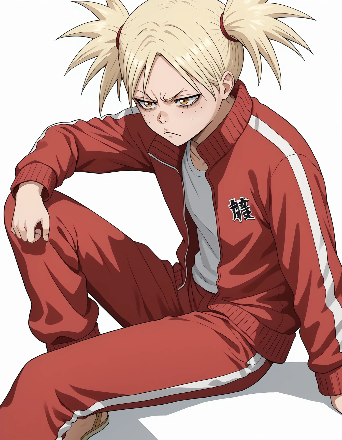 <lora:Hiyori:1>, hiyori sarugaki, 1girl, simple white background, red tracksuit, red jacket, red pants, sitting, bored, one knee up