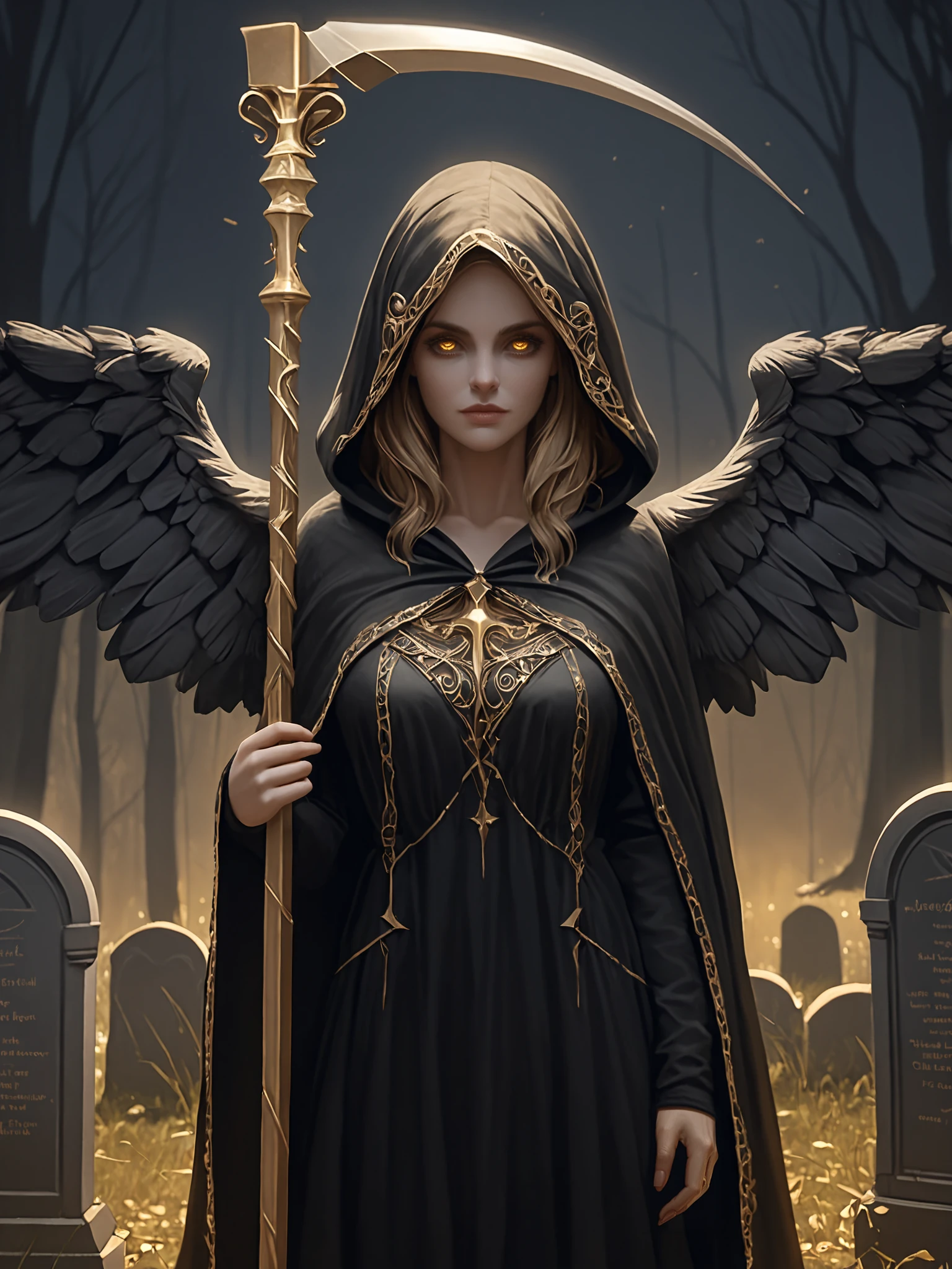 RAW, 8k, high resolution, masterpiece, best quality, fantasy, dreamlike, horror, digital illustration of the Angel of Death (holding a scyth3), female in her early thirties with golden eyes, hooded black cloak, large black wings, scyth3, graveyard at night, intricate details, cinematic, heavy shadows, dim lighting, fine textures, (sfw), <lora:SDXL1-ScytheXL_v0.24.224.05:0.75>,