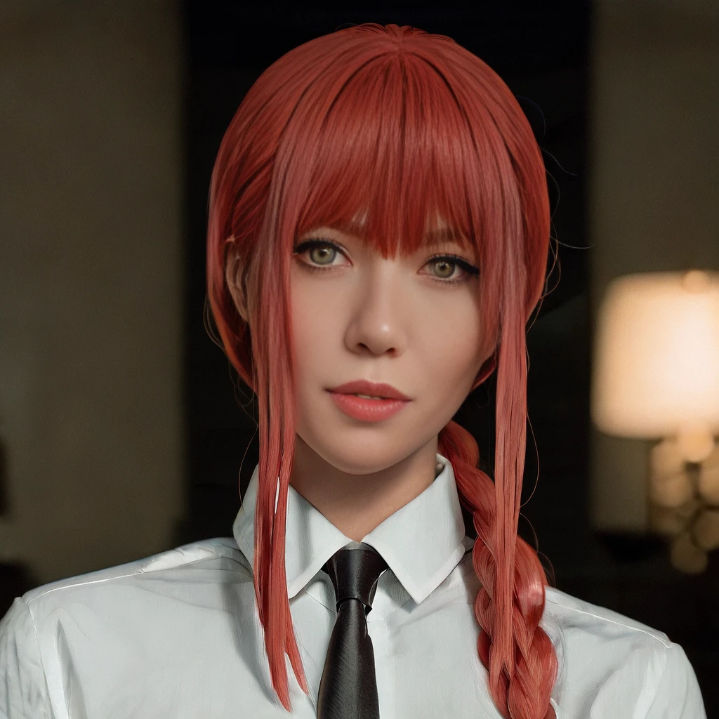 MakimaLora, 1girl, long hair, looking at viewer, shirt, yellow eyes, white shirt, braid, sidelocks, red hair, necktie, teeth, collared shirt, blurry, teeth, formal, black necktie, braided ponytail, realistic, ringed eyes, makima \(chainsaw man\) <lora:MakimaLoraV3_animagine:1.0>