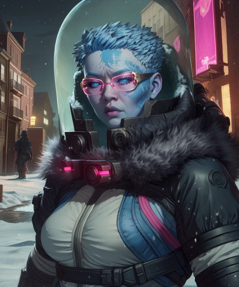 mrsfrzessq,blue eyes,blue ice hair,short hair,facial mark, pink glasses, 
helmet,bodysuit,fur trim,looking at viewer,
upper body,
snow,outdoors,night,
(insanely detailed, masterpiece, best quality) solo,<lora:msfreezeSSQ:0.9>,