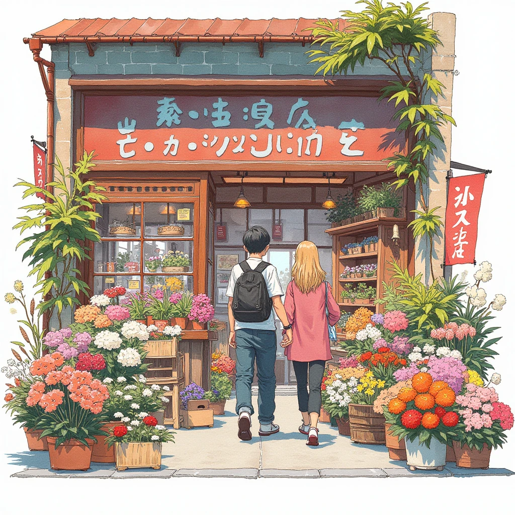 Watercolor,hand drawn,Best picture quality, masterpiece, high definition, 4K, A flower shop with many flowers at the entrance and passing lovers
