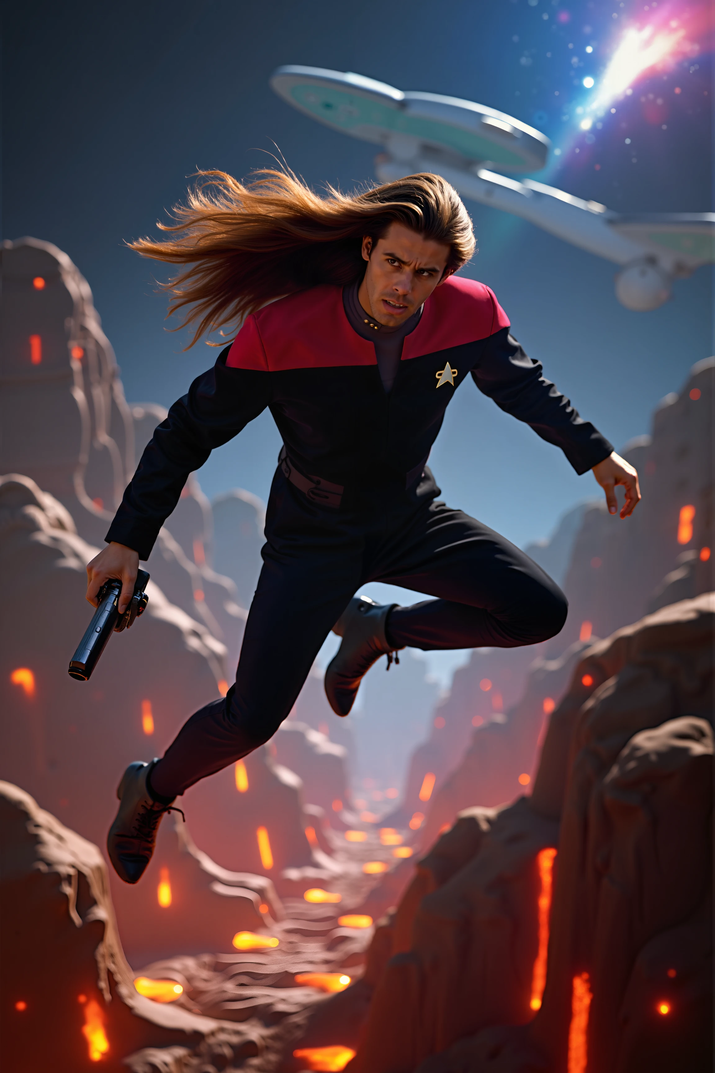 A high-quality photo of an action-packed scene featuring a long-haired man in a black Voyager uniform with red shoulders. The man is in mid-action, leaping from a futuristic spacecraft onto a bustling, high-tech alien planet. His long hair flows dramatically behind him, enhancing the sense of dynamic motion. He is caught in a moment of intense action, with one hand gripping a futuristic phaser and the other reaching out to steady himself. The red uniform is sharply detailed, with vibrant colors and sleek, high-tech elements that contrast vividly against the backdrop. The alien planet features an array of glowing, exotic vegetation and structures, with a distant starship and vibrant nebulae visible in the sky. The scene is filled with dramatic lighting and shadows, capturing the excitement and intensity of the moment. The high-resolution photo emphasizes the fluidity and energy of the action, showcasing the character's bravery and the high-tech environment.
