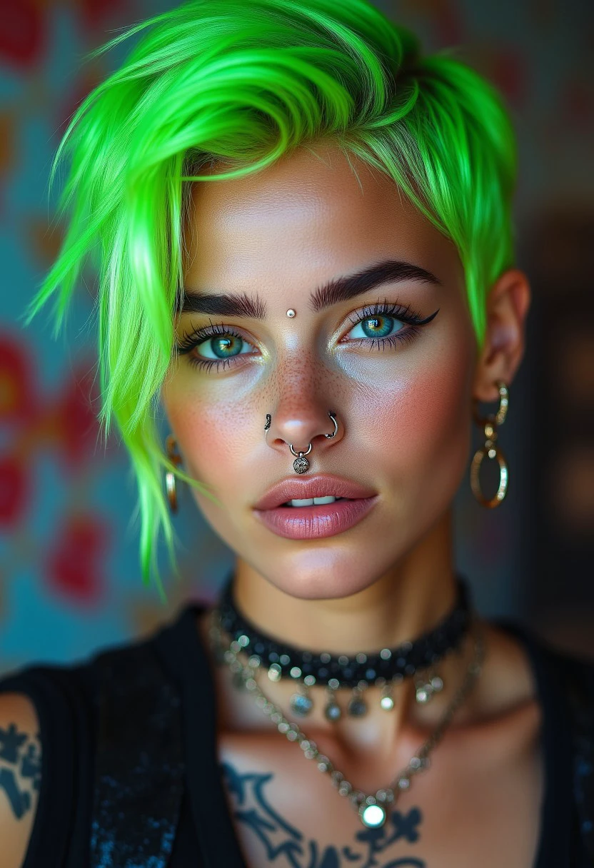 An ultra-detailed, high-resolution portrait of a woman with neon green hair, styled in an avant-garde fashion, featuring intricate facial piercings: a double eyebrow ring, a septum piercing, and a labret stud. The scene is illuminated with soft, diffused lighting, creating a striking contrast between her punk-inspired look and her delicate, ethereal features. The background is a blend of abstract colors, giving the image a surreal, artistic vibe.