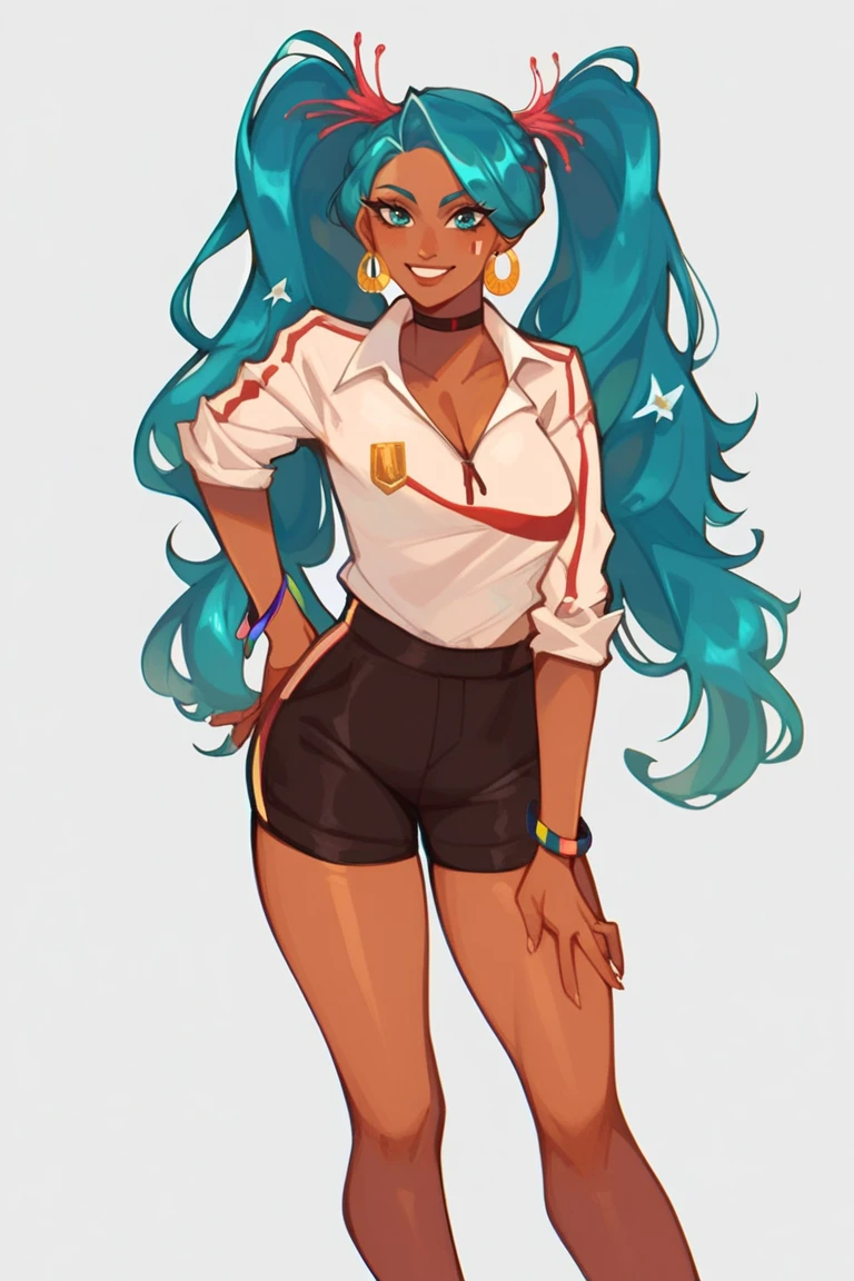 score_9, score_8_up, score_7_up, white background, simple background, 1 girl, alone, long hair, breasts, looking at viewer, smile, shirt, two pigtails, jewelry, medium breasts, very long hair, cowboy photo, earrings, shorts, choker, dark skin, bracelet, aquamarine eyes, dark skinned woman, aquamarine hair, pretty
