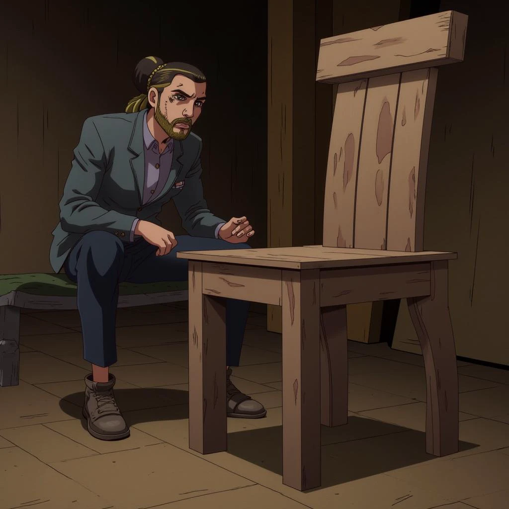 hipster JojosoStyle with a beard, building a chair, in a JojosoStyle wood shop