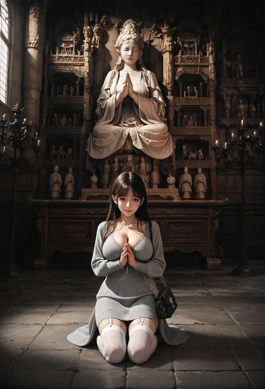 ,ruanyi0923,indoors,statue,no humans,,ruanyi0898,garter straps,sweater dress,skirt,white thighhighs,breast zipper,cleavage,shoulder bag,chain,grey dress,kneeling,praying,<lora:0923 temple_v1_pony:0.8>,<lora:0898 home wear 4_v1_pony:0.7>, score_9, score_8_up, score_7_up, score_6_up, score_9, score_8_up, score_7_up, score_6_up source_anime, blush, 1girl, seduce smile, perfect body , natural huge breasts