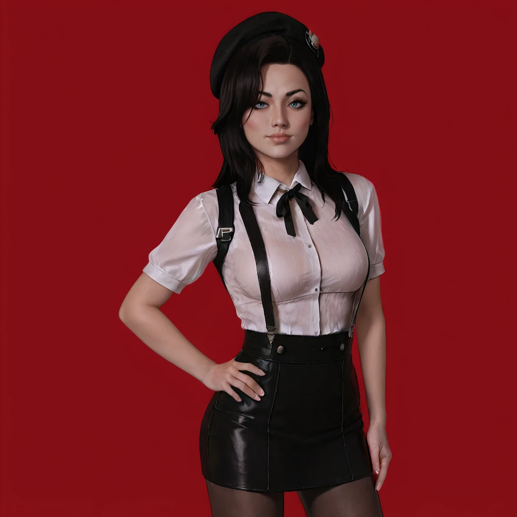 <lora:mirandamasseffect_pony_v1:.75> MirandaMassEffect, 1girl, black hair,  medium breasts, long hair, lips, cowboy shot, <lora:0902 Home wear 5_v1_pony:1> ruanyi0902,beret,black ribbon,collared shirt,black pantyhose,high-waist skirt,white shirt,suspenders