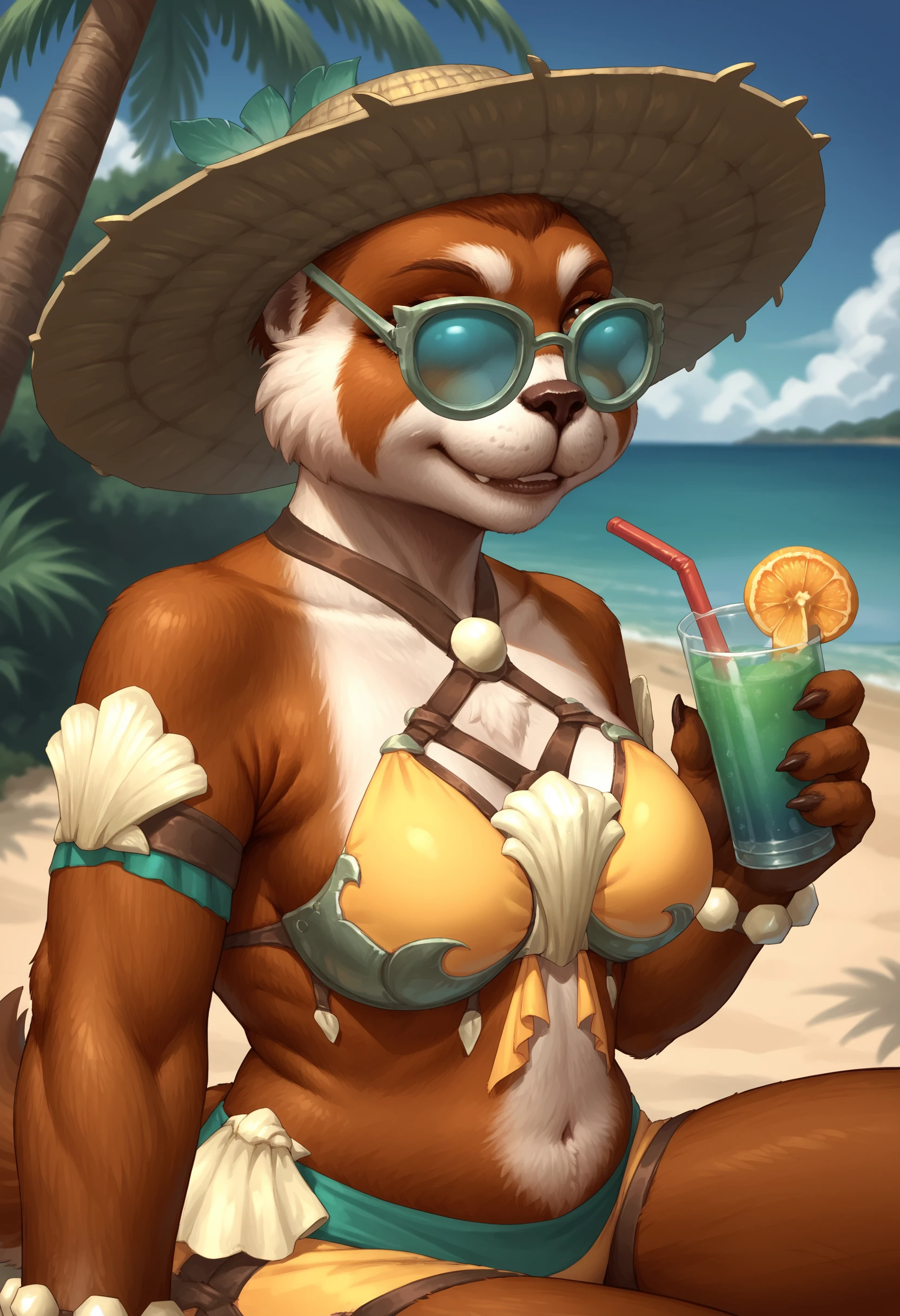 score_9, score_8_up, score_7_up, score_6_up, score_5_up, score_4_up, 1girl, <lora:PandaVacation:0.85> breasts, furry, sunglasses, bracelet, straw hat, hat, jewelry, bikini, tail, shell, upper body, smile, looking at viewer, sitting, holding a fruity drink, animal ears, 
beach background, ocean, palm trees,