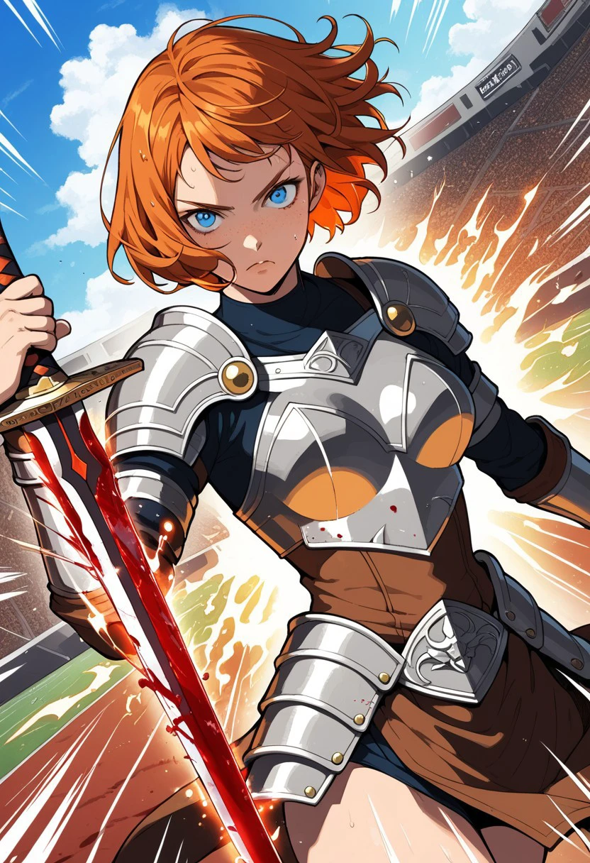 1girl, curly, short hair, fiery orange hair, short height, medium breast, bright blue eyes, round face, freckled skin, Scottish girl, 
,outdoor, arena, galdiator arena, ligh leather armor, brown armor, linen cloth underarmor, swinging sword, motion lines, motion,  blood on sword, blood in the air, sweating, serious, cowboy shot, dutch angle, looking at viewer,