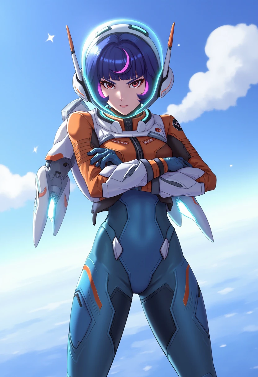 Juno, space helmet, 1girl, military uniform, mecha, pilot, helmet, futuristic, battle, sky, determined, visor, action pose, spaceship, standing, serious, arms crossed, looking intense, cockpit, high-tech suit, glowing weapons