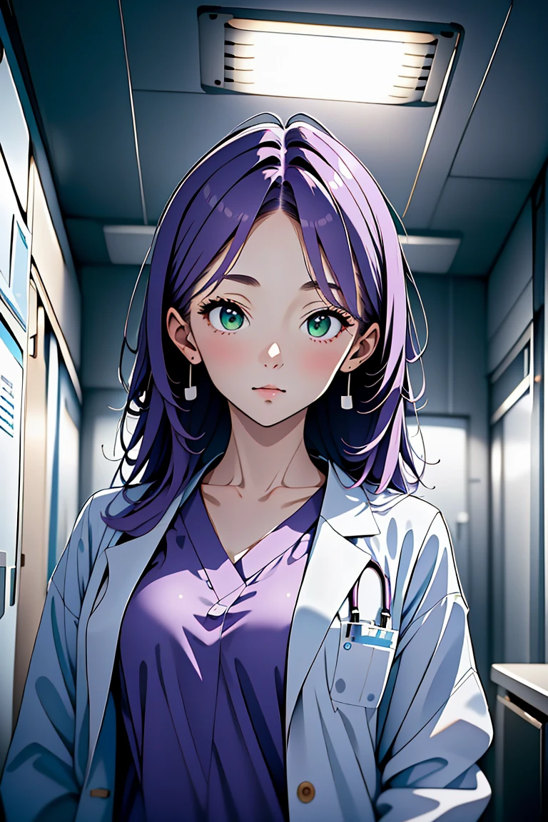 (RAW photo, best quality,facing the viewer,from front), operating room, overhead surgical light,blurred background, focused, dithering,backlighting,
 <lora:CMC924_Isabella_Moretti_V1.0:0.9> cmc924, isabella moretti, 1girl, solo,purple hair, green eyes,long hair, <lora:DW_PG_Doctor_LabcoatOverScrubs1_1:0.8> labcoat and scrubs, 1girl, solo, looking at viewer, stethoscope,