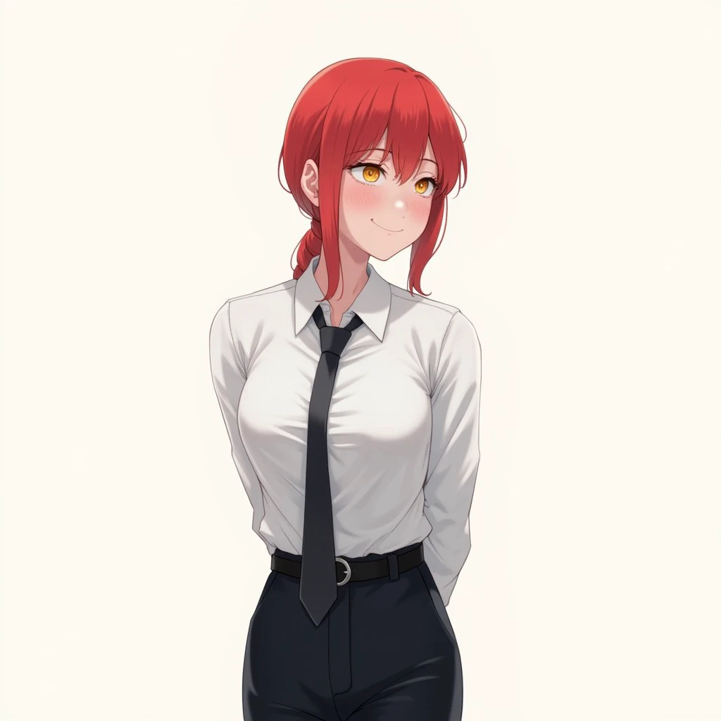 makima, red hair, yellow ringed eyes, Makima happily walking wearing a white collared shirt, black necktie and black pants, Arms behind her back and a simple background