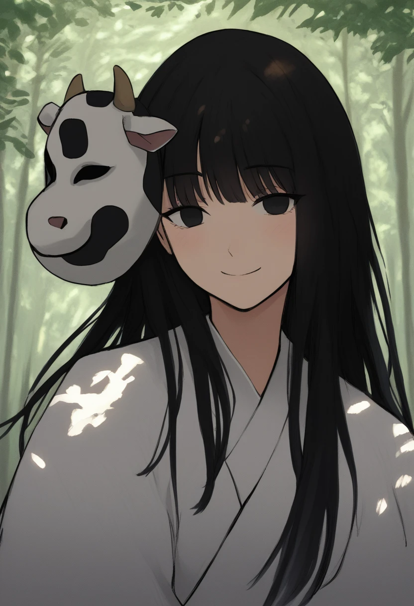 score_8_up, woman, smile, long hair, black hair, black eyes, looking at viewer, seductive smile, light blush, outdoors, forest, upper body, shade, cow mask, white kimono, mask on head, 
<lora:DarkerThanDarkV1.5:0.5> 
<lora:AnimalMasks-000009:1>