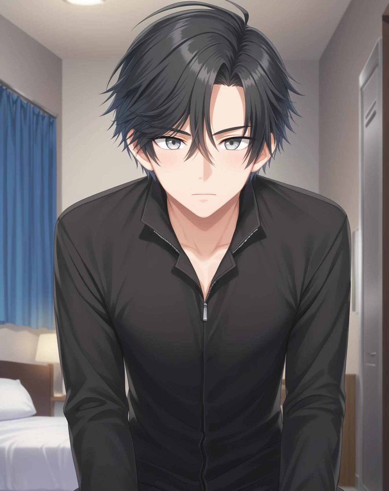 score_9, score_8_up, score_7_up, source_anime, anime screencap, depth of field, rating_safe, BREAK,
1boy, solo, yaoi, male focus,
looking at viewer, cowboy shot, facing viewer,
<lora:jumin_han_pony:1> jumin_han_pony, black hair, grey eyes, short hair,
indoors,