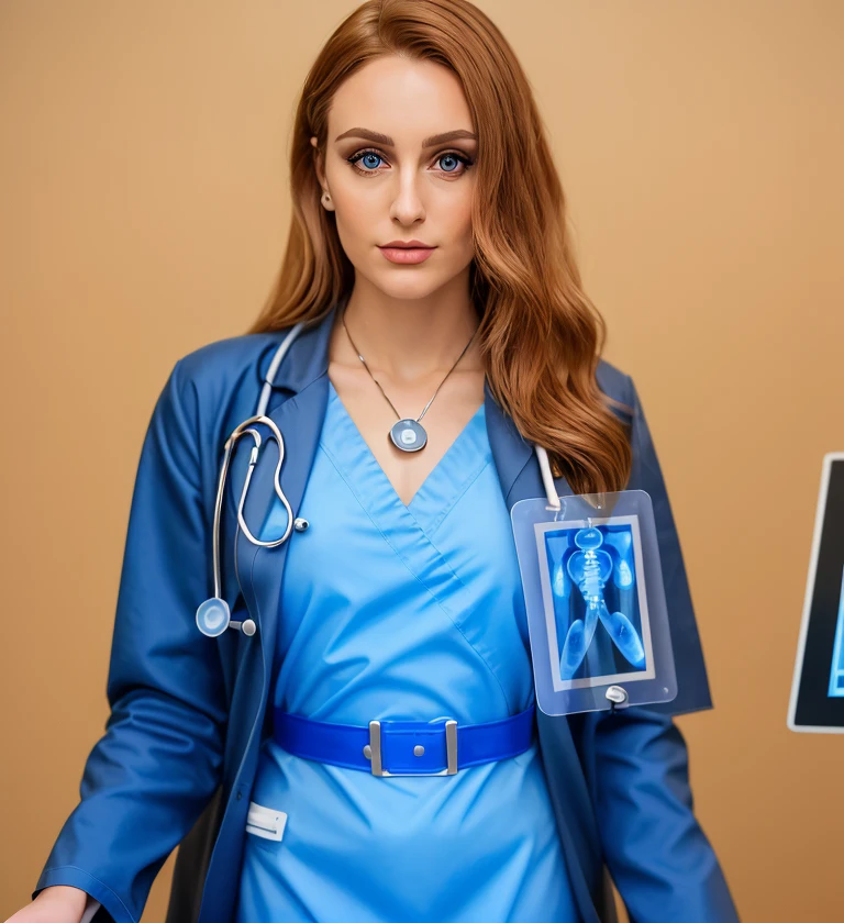 <lora:p34ch_20SD-000007:0.8>, a (close up:1.2) photograph of 22 year old beautiful(p34ch woman:1.1) as a surgeon physician,wearing a (steel blue lab coat:1.2) over (indigo dress:1.2),with stethoscope around neck,name tag on lapel,holding an (x-ray chart:1.4),standing in a (hospital operating room) surgery suite,wearing gloves,surrounded by (examination table and medical equipment:1.2),long dark dark hair,jewelry,smirk,lips,makeup and eyeshadow,(face focus)(upper body:1.2),(medium close up:1.3)professional portrait, 4k wallpaper, highly detailed, bokeh