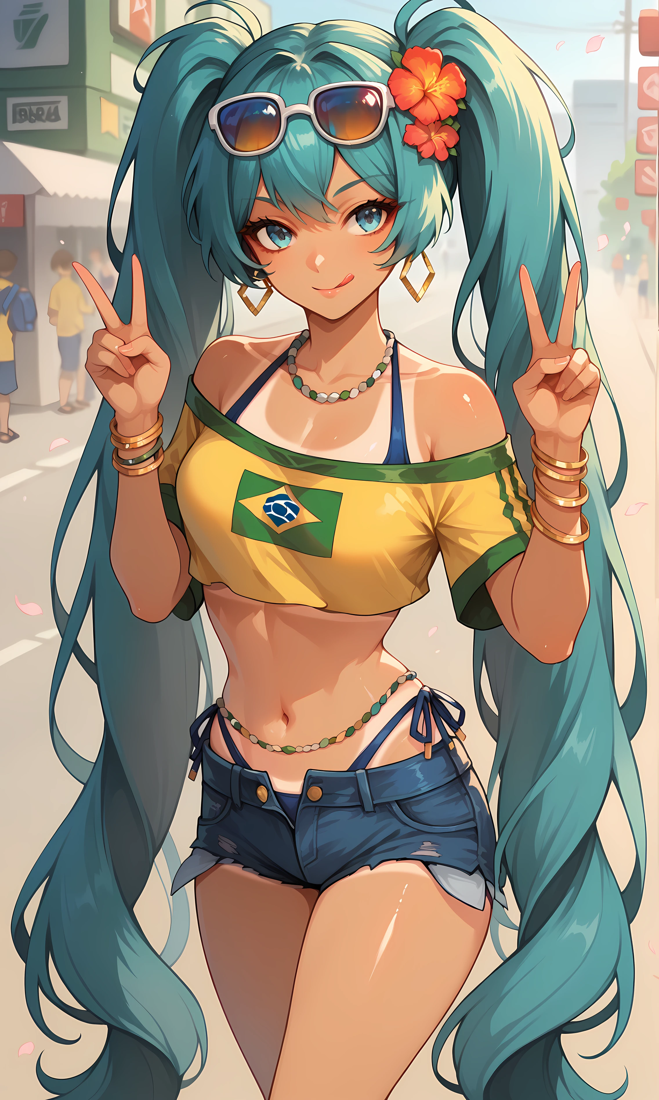 score_9, score_8_up, score_7_up, BREAK source_anime, 1girl, solo, outdoors, street, cherry blossoms, cowboy shot, standing, looking at viewer, miku_br, blue eyes, aqua hair, absurdly long hair, twintails, dark skin, hair flower ornament, hoop earrings, sunglasses, eyewear on head, yellow shirt, single bare shoulder, short sleeves, midriff, belly chain, brazil flag print, blue bikini, halterneck, highleg bikini, side-tie bikini bottom, bikini under clothes, denim shorts, open shorts, tanlines, bracelet, necklace, sandals, close-up, shiny skin, double v, licking lips