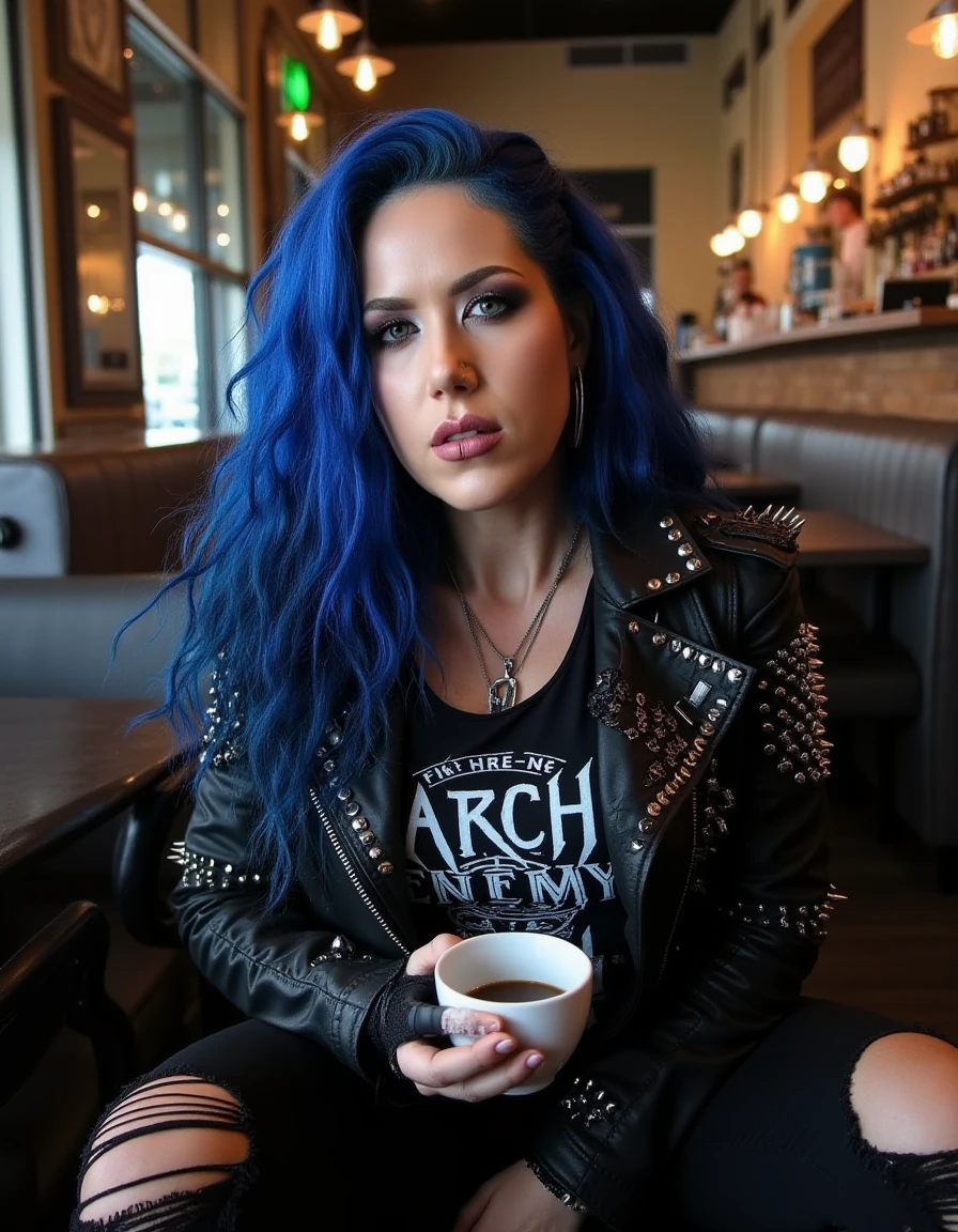 <lora:Alissa_White-Gluz:1> realistic photo of alissawg, blue hair, makeup, wearing an "ARCH ENEMY" band tank top, leather jacket with spikes and studs, black ripped jeans,  in a cafe having a coffee.