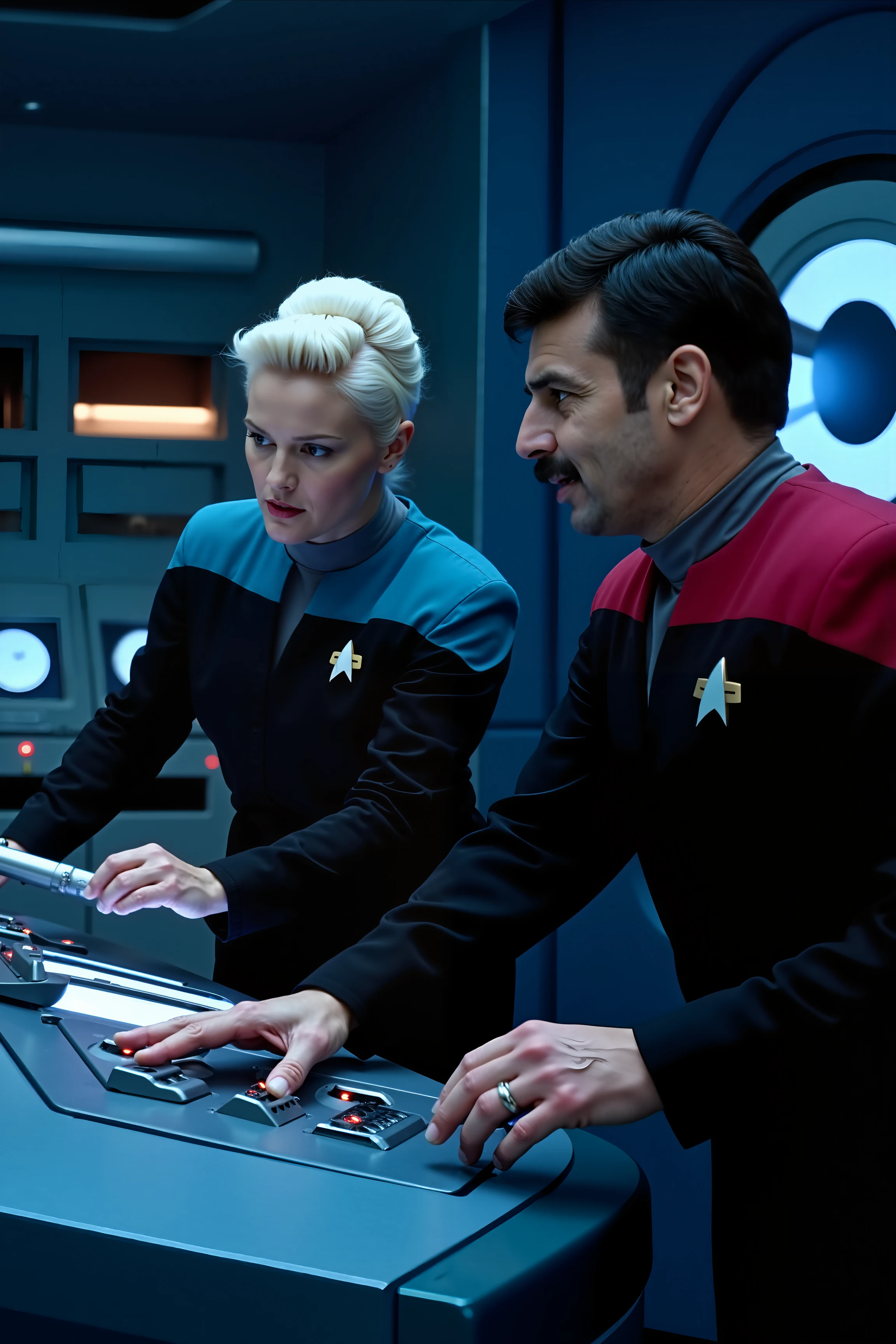 A high-quality photo capturing an action-packed scene in a futuristic laboratory. The scene features a woman with platinum hair in black Voyager uniform with teal shoulders and a man with a mustache in a black Voyager uniform with red shoulders. The woman, her platinum hair styled in an adventurous updo, is energetically operating a sleek, high-tech console, her fingers flying across the controls as she looks intently at a series of holographic displays. Her uniform is detailed with the distinctive blue design, perfectly tailored for action. The man, sporting a classic mustache, is dynamically interacting with a complex piece of laboratory equipment. He’s in mid-motion, adjusting a glowing, futuristic device with an expression of intense concentration and excitement. His red uniform is vibrant, contrasting sharply with the cool blue tones of the laboratory. The laboratory itself is a marvel of futuristic design, with illuminated consoles, floating holograms, and advanced scientific apparatuses. The scene is filled with high-tech gadgets in the background, and the action is highlighted by dynamic lighting, conveying a sense of high-energy excitement and teamwork.
