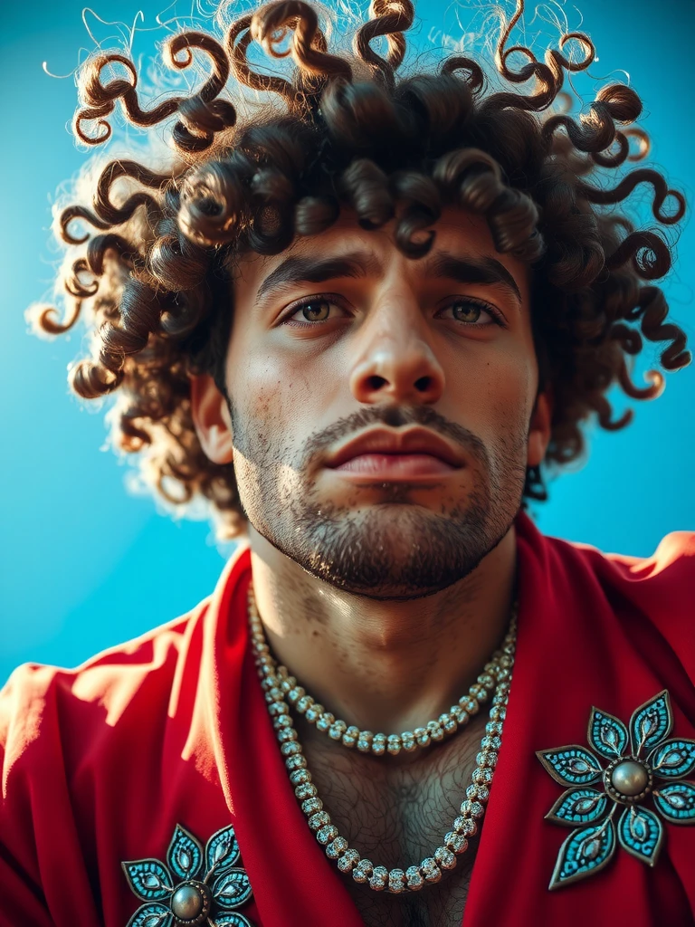 Atay, Man, hyperrealistic, curly hair, sunny day, , red robe with silver ornaments, , portrait, from below,