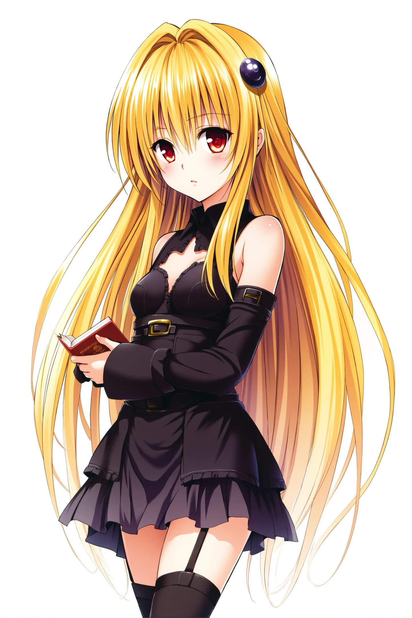 Yabuki Kentarou Style,konjiki no yami,1girl,solo,long hair,blonde hair,book,thigh strap,detached sleeves,very long hair,red eyes,white background,holding,two side up,cleavage cutout,hair ornament,holding book,breasts,clothing cutout,simple background,looking at viewer,bare shoulders,thighhighs,cowboy shot,small breasts,black dress,belt,
<lora:Yabuki Kentarou_FLUX:1>,