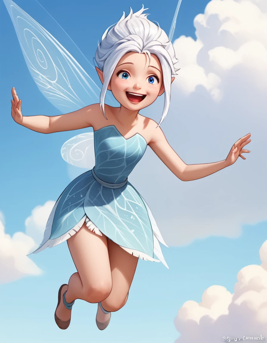 score_9, score_8_up, score_7_up, score_6_up, score_5_up, score_4_up, source_anime  <lora:DisneyTinkerbell:1>, happy, flying, blue sky, clouds Periwinkle, fairy, pointy ears, white hair, blue eyes, blue dress, short hair,