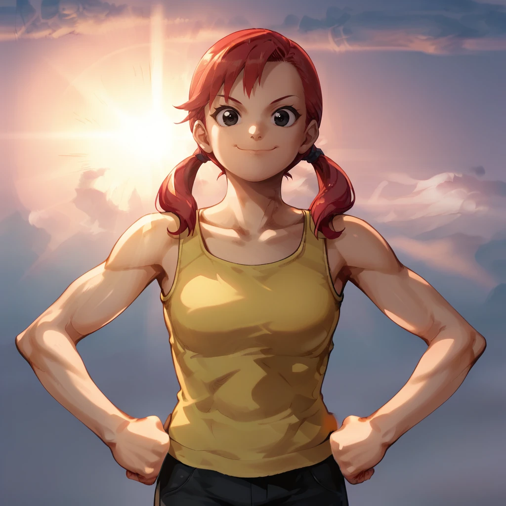 score_9_up, score_8_up, BREAK, SuperSmile, 1girl, solo, red hair, twintails, black eyes, tank top, pants, smile, closed mouth,  sunrise,  sky,  cloud,  sunset, sunlight,  light rays, outdoors, hands on own hips, clenched hands,  <lora:SupermanSmile_PXL_Leaf3_r2:0.8>, looking at viewer,