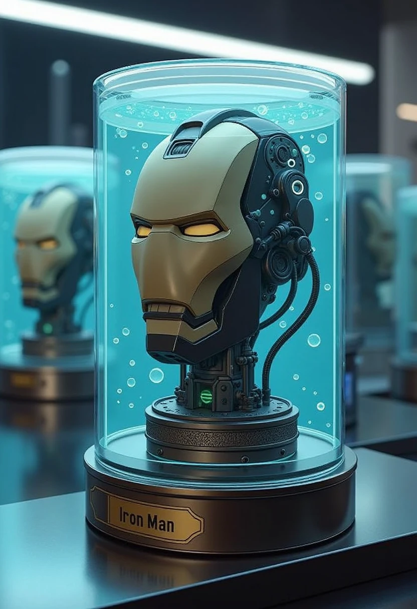 "Create a highly detailed, photorealistic image of Iron Man as a 'living head in a jar.' The head should be inside a transparent glass jar filled with a light blue liquid, with intricate tubes and wires attached to it, giving a scientific and futuristic vibe. The jar should be placed on a metallic stand with a polished, engraved nameplate on the front reading 'Iron Man.' The setting should resemble a high-tech, sterile laboratory with other similar jars in the background, capturing a realistic, eerie atmosphere."