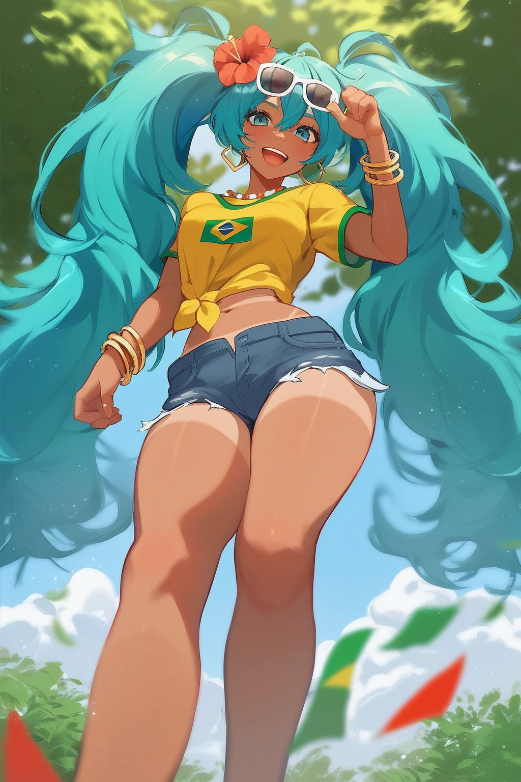 score_9, score_8_up, score_7_up, score_6_up, score_5_up, score_4_up, masterpiece, high quality, BREAK, full body, BREAK, 1girl,  <lora:Brazilian Miku:0.8> aqua hair, sunglasses on head, flower in hair, yellow shirt, brazil flag on shirt, denim shorts, booty shorts, tanned, 1girl, hatsune miku,