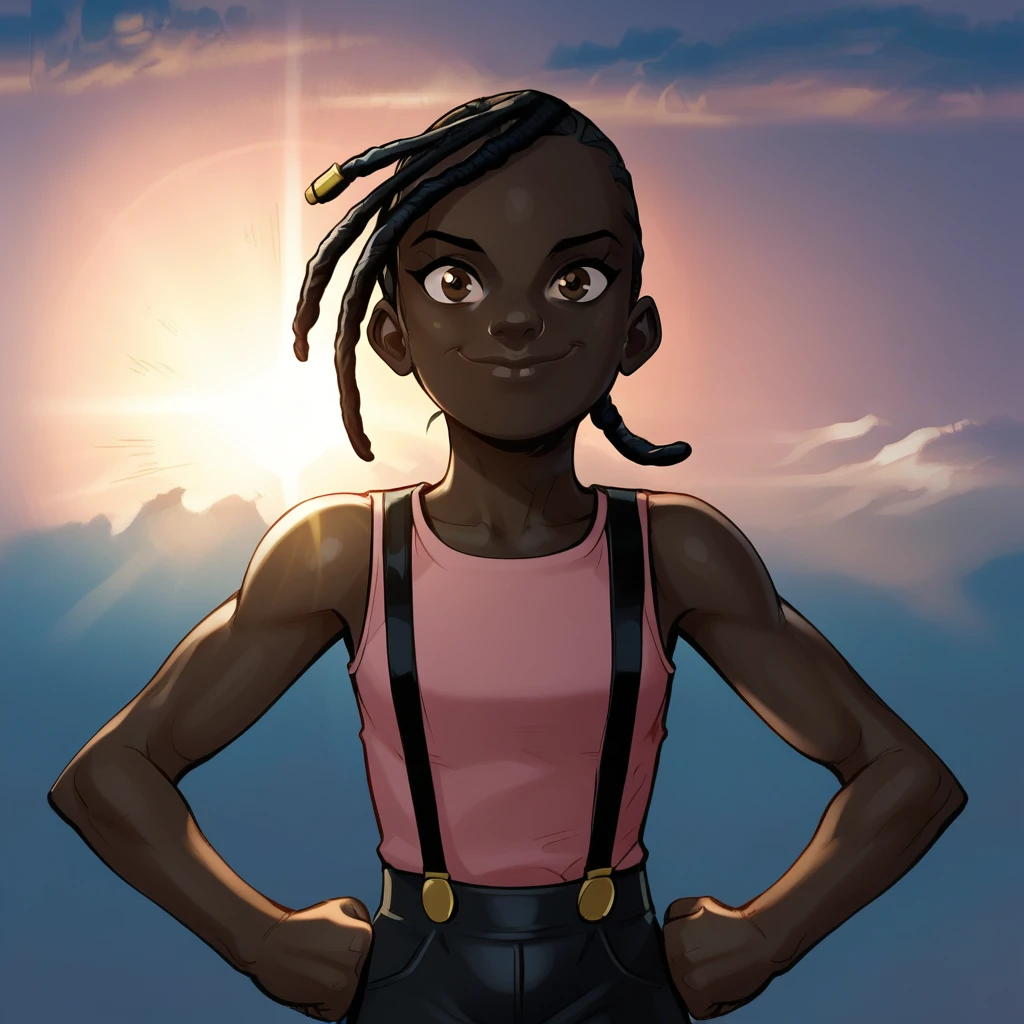 score_9_up, score_8_up, BREAK, SuperSmile, 1girl, solo, black hair, dreadlocks, brown eyes, dark-skinned female, pink shirt, black skirt, suspenders, sleeveless, smile, closed mouth,  sunrise,  sky,  cloud,  sunset, sunlight,  light rays, outdoors, hands on own hips, clenched hands,  <lora:SupermanSmile_PXL_Leaf3_r2:0.8>, looking at viewer,  <lora:LilAndy_Style:1>