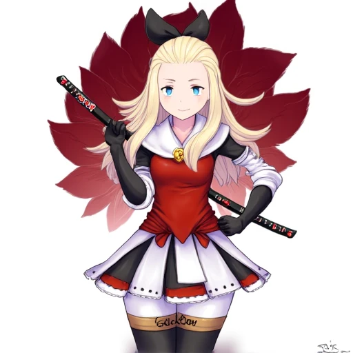 This is a digital drawing in an anime style featuring Edea Lee with a confident and determined expression. She has long straight blonde hair with a black bow on top and her eyes are a striking blue. She is dressed in a distinctive outfit that includes a white and red sleeveless top with a high collar black gloves and a white skirt with a red trim. Her legs are covered in black thigh-high boots with a brown accent at the top. She holds a katana in her right hand which is pointed towards the ground and she stands with her left hand on her hip. The background features a stylized silhouette of a flower with a dark red hue which adds a sense of depth and contrast to the image. The overall color palette is dominated by shades of white red and black with the background providing a stark contrast to her. The drawing is signed "Poka 2018" in the bottom right corner., and a soft smile. Her medieval-style outfit combines red and black armor with silver accents, contrasted by a white skirt and brown thigh-high boots