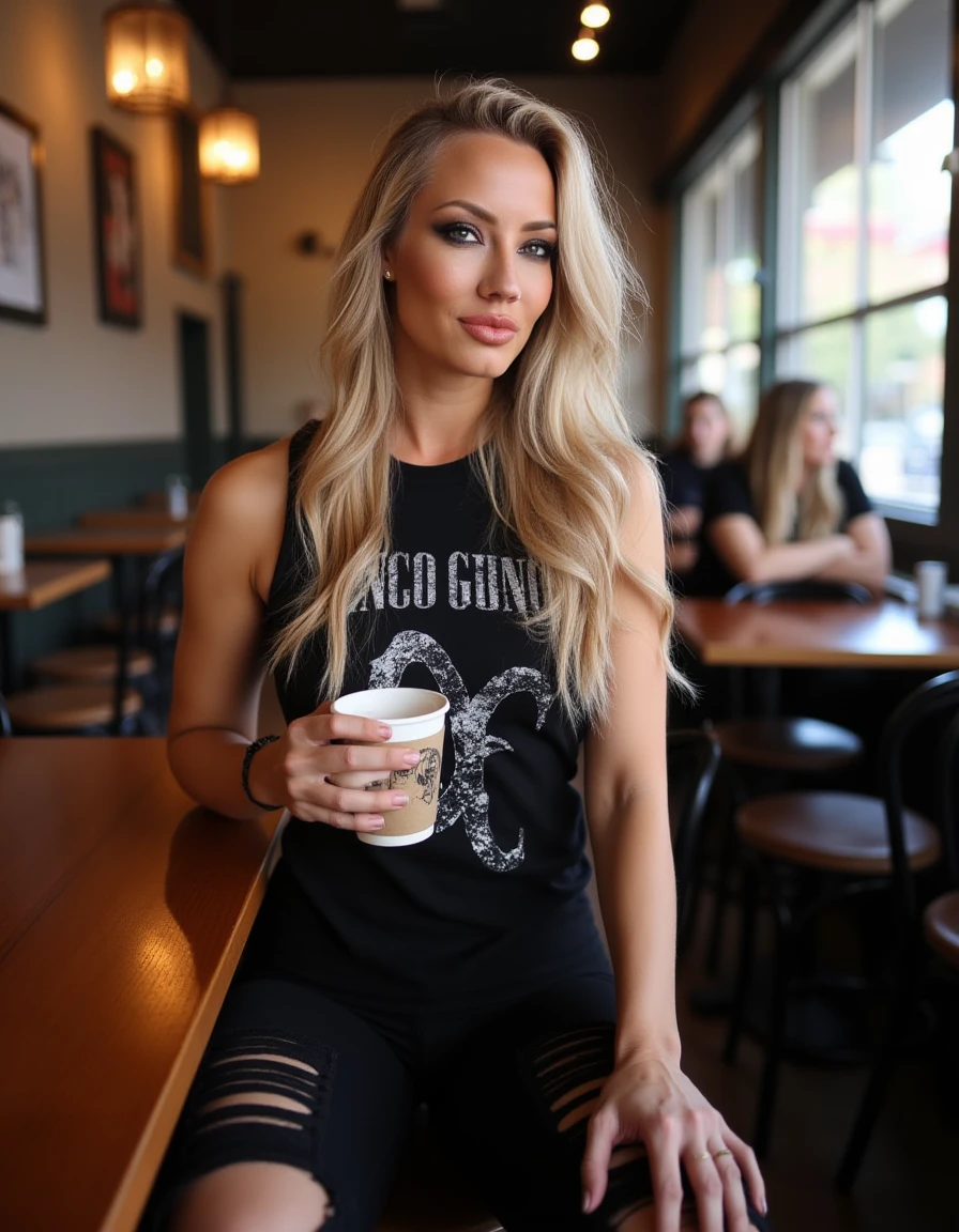 <lora:Nita_Strauss_Flux:1>realistic photo of nitastrauss, makeup, wearing a band tank top, black ripped jeans,  in a cafe having a coffee.