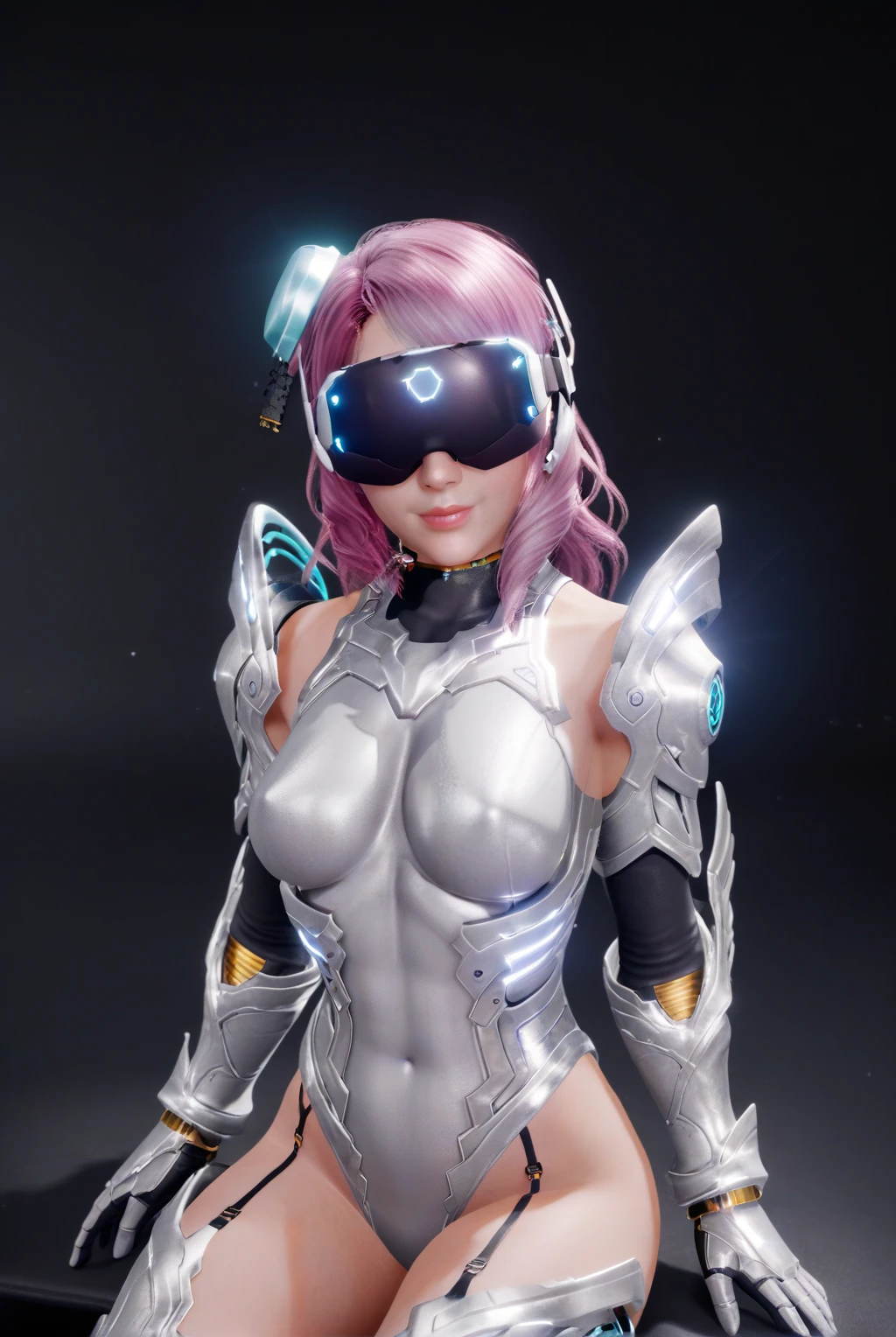 score_9, score_8_up, score_7_up, 1girl, realistic skin, realistic, photorealism, AlisaT8, pink hair, VR headset, cyber armor, elbow gloves, silver leotard, headgear, neutral facial expression, model viewer black background, looking at viewer, 3d model, 3d render, sitting, (from above)