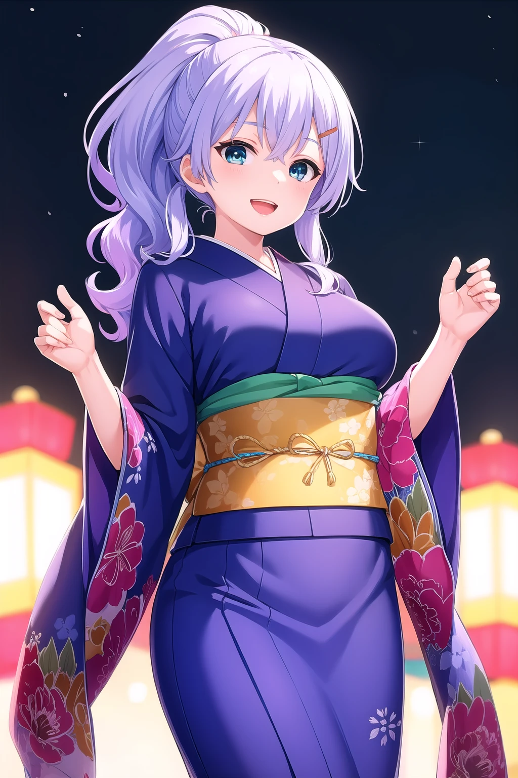 (masterpiece, best quality), highly detailed background, perfect lightingbest quality, murakamifumio, solo, outdoors, night, summer festival, light blue hair, ponytail, hair between eyes, wavy hair, long hair, blue eyes, medium breasts, purple kimono, floral print, wide sleeves, sash, obi, smile, open mouth, :d, pink lips, <lora:Murakami-Fumio:0.7>