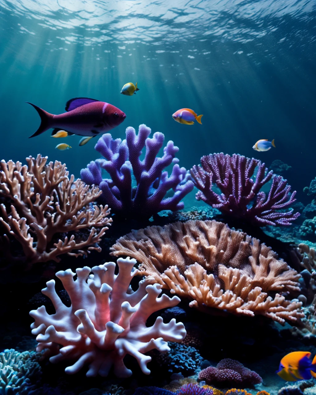 (top_8_scale) many tropical fish, cinematic lighting, underwater, colorful coral, bubbles, dark lighting, realistic proportions, (strong purple ombre)