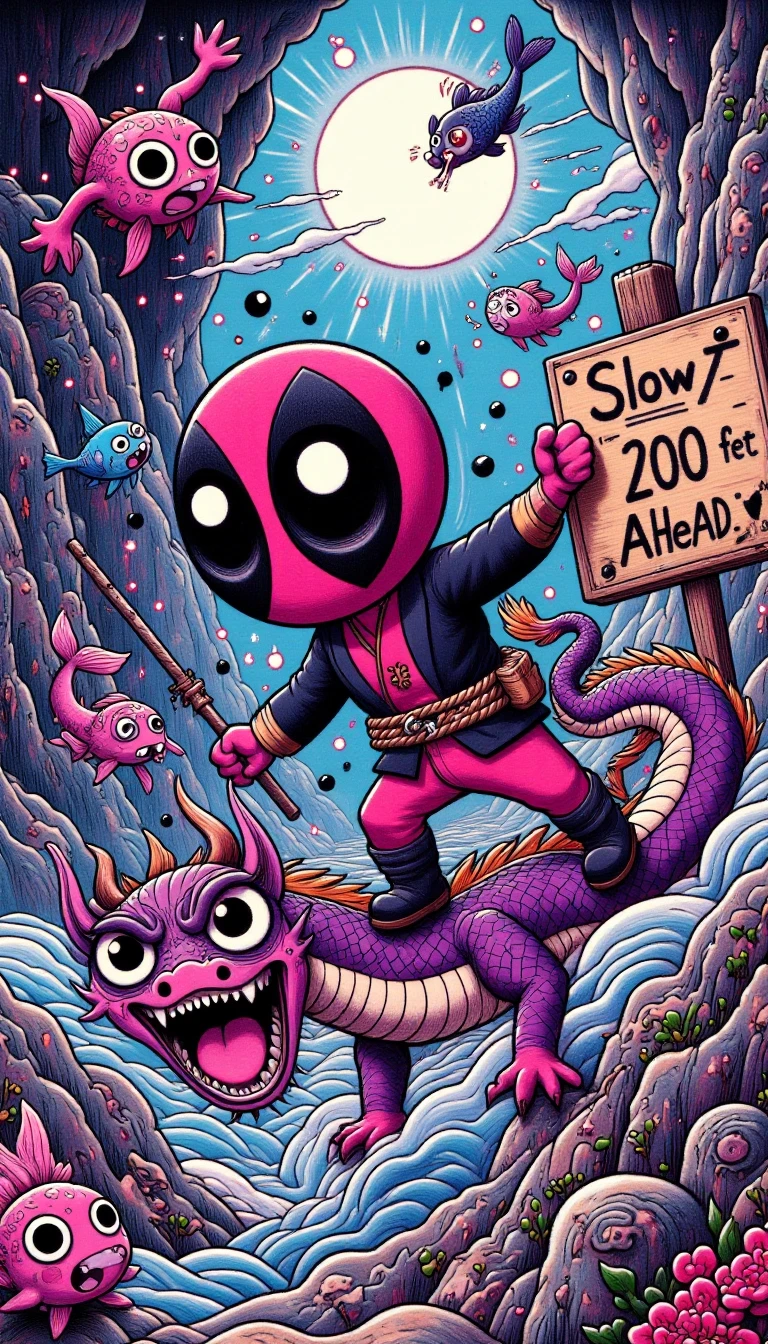 <lora:ZanyEyesStyleFlux:1.0> ZaneyesStyle Deadpool rides a vibrant pink and purple sea dragon through the heart of a mist-shrouded bioluminescent underwater cave, neon blue glowing fish swimming past his sides as he fights with one hand while maintaining balance, holding onto a sign with his other that reads, "Slow Zone 200 feet Ahead" with chaotic cursive lettering and surrounding ink blots, speckles and sprays in unhidden furious childish passion across.