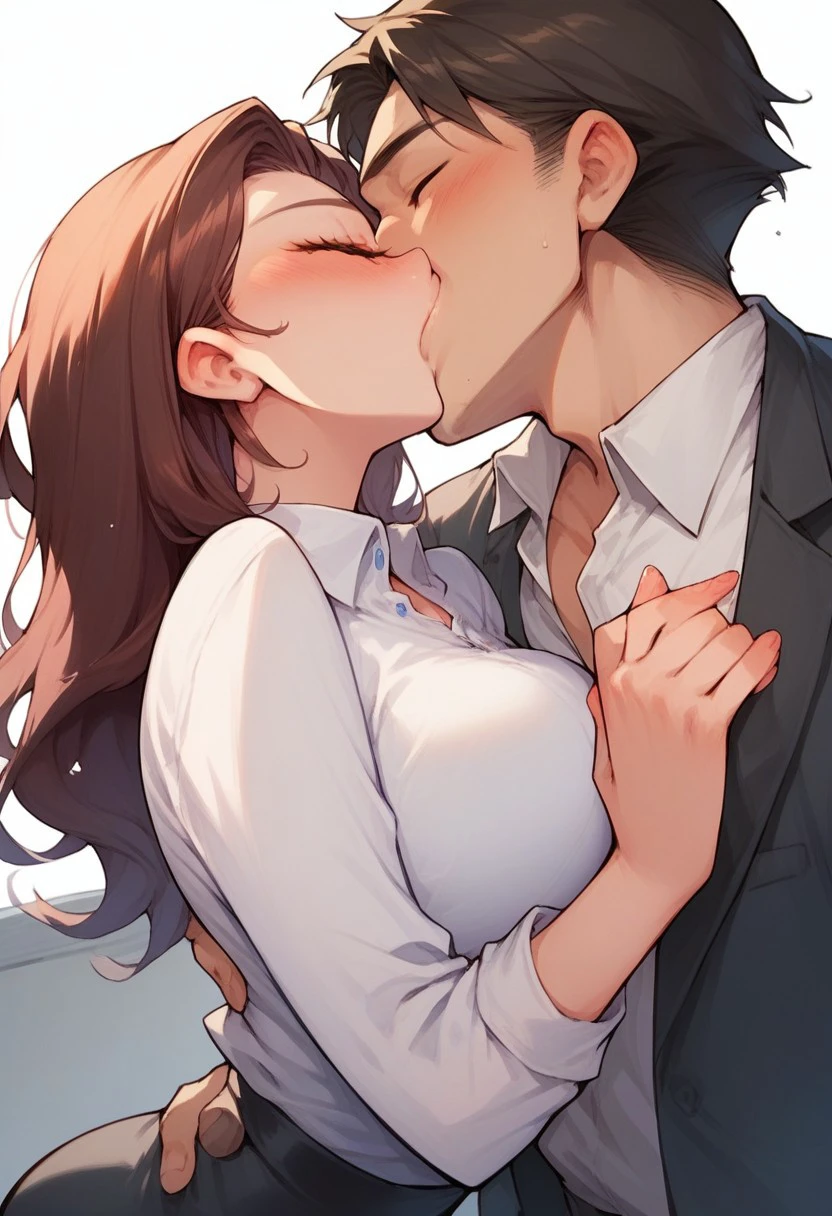 score_9,score_8_up, score_7_up, source_anime, 1girl, 1boy, intense kiss, deep kiss, kiss, collared shirt, stockings, pencil skirt, office lady, office boss, close up, dutch angle