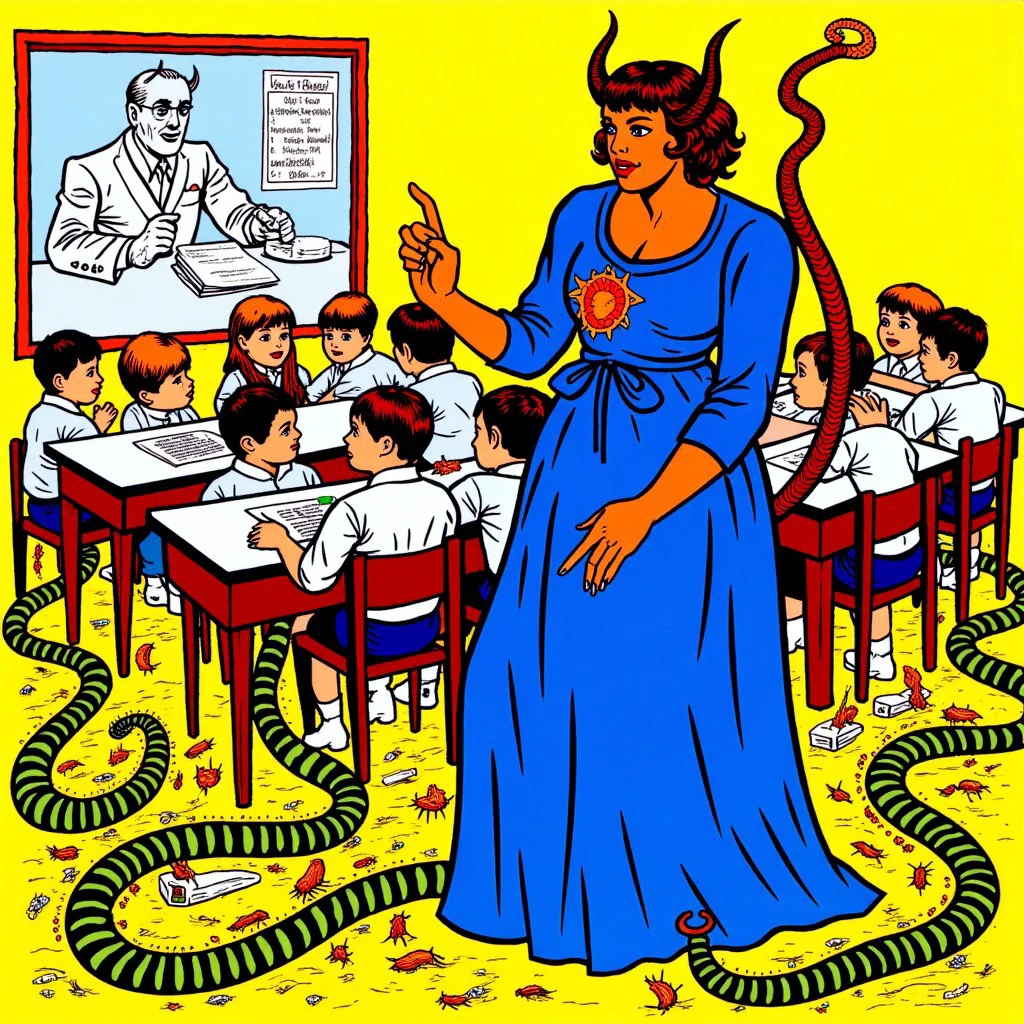 A devil woman is teaching an  class, blue velvet dress, devil horns, demon, tail, blue dress, school, children, cartoon, kozik style, centipede, snakes, insects, satanic imagery, satan, evil, kozik