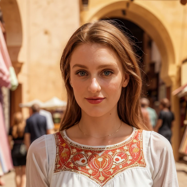 <lora:p34ch_20SD-000007:0.8>, a (close up:1.2) photograph of 22 year old beautiful(p34ch woman:1.2),wearing a white sun dress,walking along cobblestone streets,exploring the Marrakech street markets, surrounded by shops (selling carpets and crafts:1.3), with colorfully painted doors and metal lattice work and ornate glass windows,sunny skis cast distinct shadows,(face focus:1.1) (medium close up shot:1.2)professional portrait, 4k wallpaper, highly detailed, bokeh