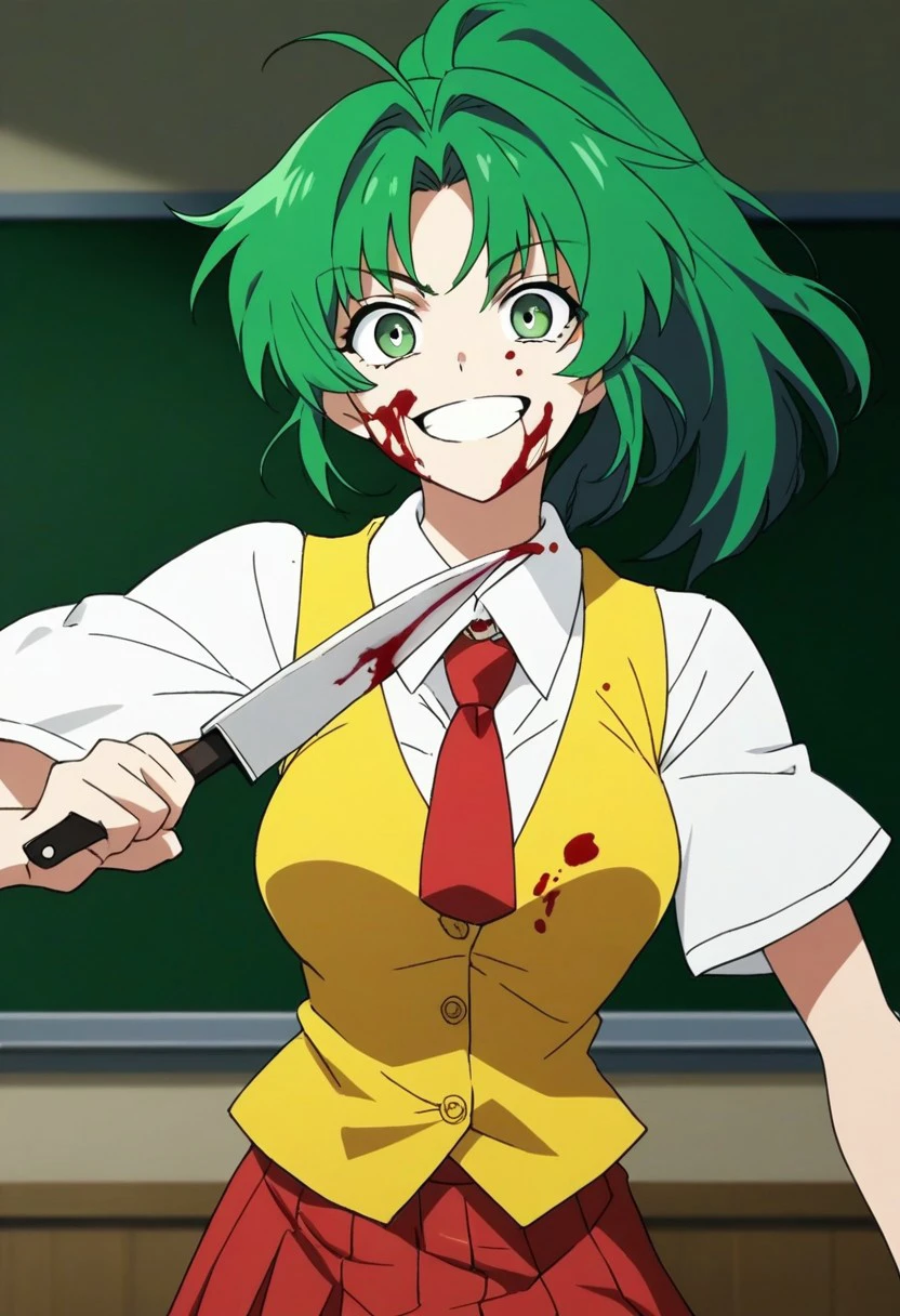 hk_as, Mion Sonozaki, score_9, score_8_up, score_8, BREAK, anime screencap 1girl, solo, female focus, (cowboy shot), green eyes, ponytail, green hair, white shirt, red necktie, yellow vest, red skirt, medium breasts, indoors, dark room, classroom, blackboard, windows, night, yandere, blood on face, blood on clothes, blood splatter, open mouth, grin, holding a knife