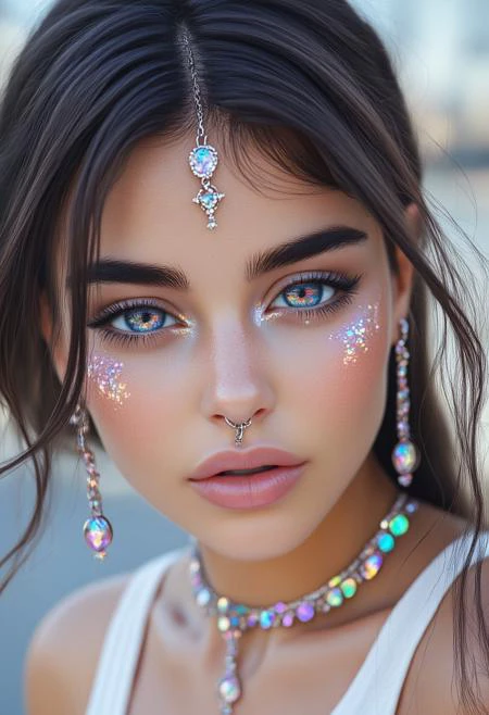 An ultra-detailed, high-resolution portrait of a woman with iridescent hair, styled in an avant-garde fashion, featuring intricate facial piercings: a double eyebrow ring, a septum piercing, and a labret stud. The scene is illuminated with soft, diffused lighting, creating a striking contrast between her punk-inspired look and her delicate, ethereal features. The background is a blend of abstract colors, giving the image a surreal, artistic vibe.