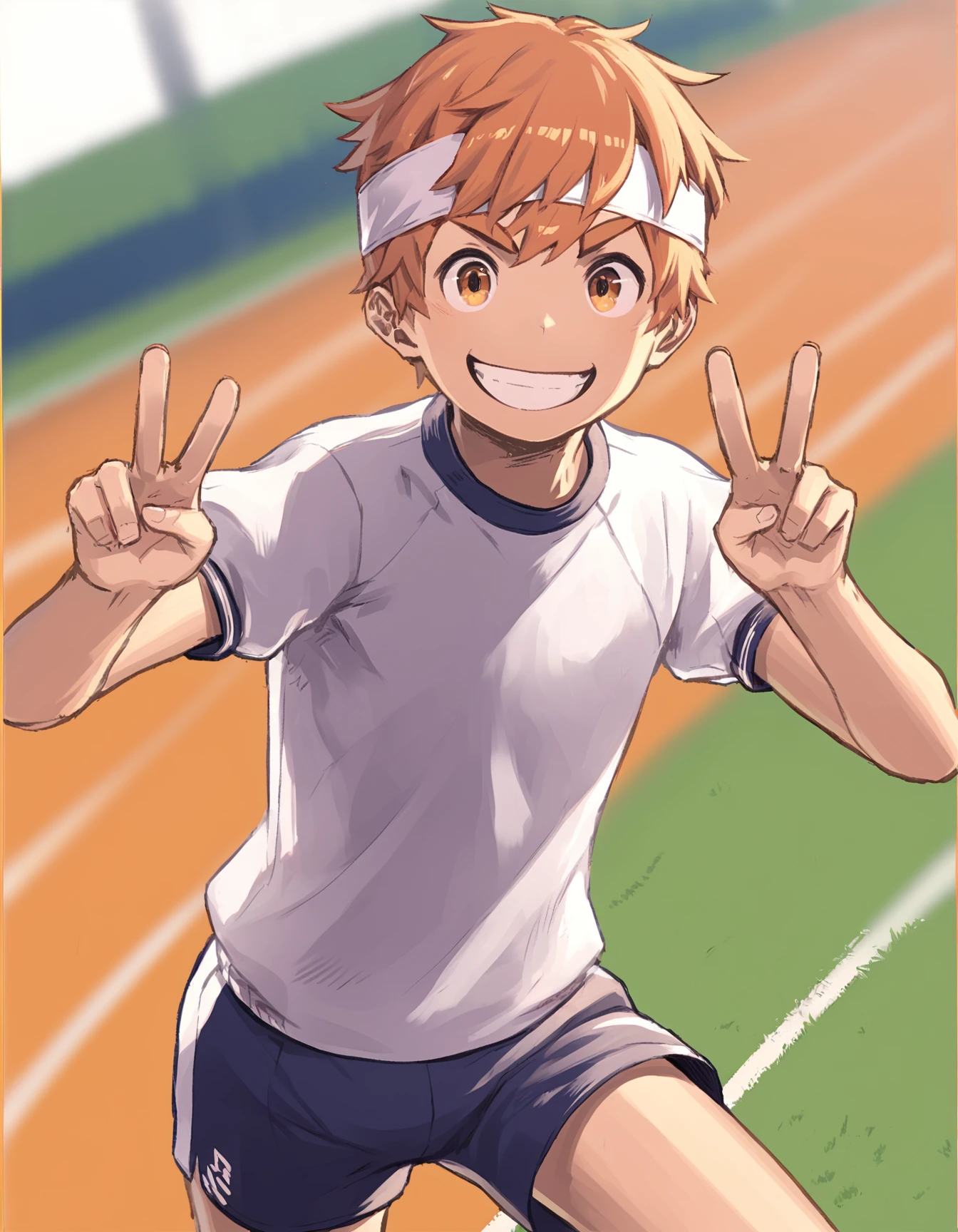 score_8, score_8_up, score_7_up, score_6_up, source_anime, track and field, school, 1boy, solo, orange hair, orange eyes, smile, gym uniform, gym shirt, gym shorts, ribbon headband, running, peace sign <lora:steelwire_AMXL_v1c-ShoAI:1>