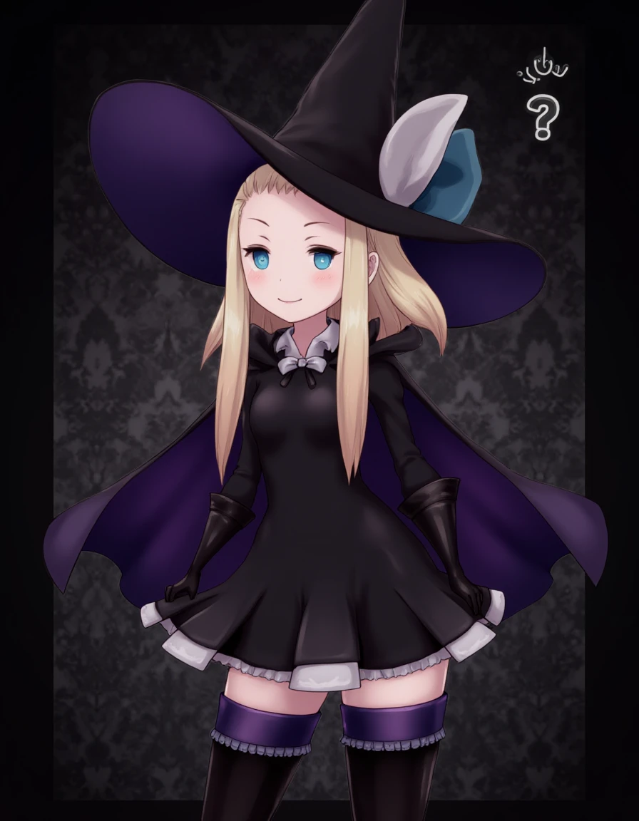 <lora:Edea_Lee:1>,
This is a digital illustration of Edea Lee in a fantasy-themed outfit. She has light blonde hair parted in the middle and wears a large pointed witch's hat in a dark shade of black. The hat has a wide brim and a large blue ribbon with a white bow on the right side. She is dressed in a black sleeveless dress with a high collar and a short skirt that flares out slightly. The dress has a purple cape draped over her shoulders which adds a regal touch. Her sleeves are adorned with black gauntlets and she wears knee-high boots in a glossy black with a hint of purple at the top. The boots have a slight sheen indicating a polished leather texture. Her skin is fair and her facial expression is neutral with blue eyes and a slight smile. The background is a dark textured pattern with a subtle floral design giving it an elegant mysterious feel. A small question mark is visible in the top right corner suggesting curiosity or uncertainty. The overall style is whimsical and fantastical typical of digital art in a cartoonish anime-inspired style.