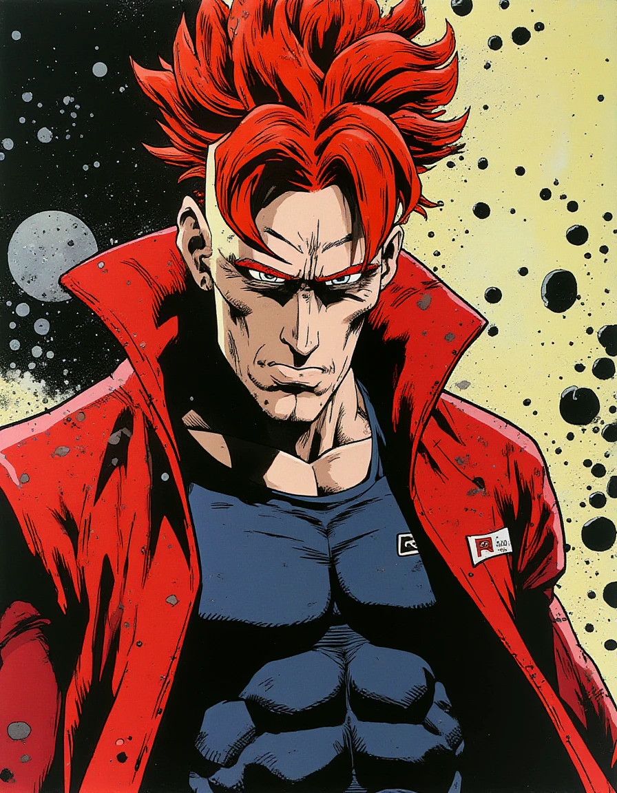 jurok16 android16 man with red mohawk hair in Frank Miller style <lora:jurok16:1>   <lora:style_of_Frank_Miller_FLUX_236:1>