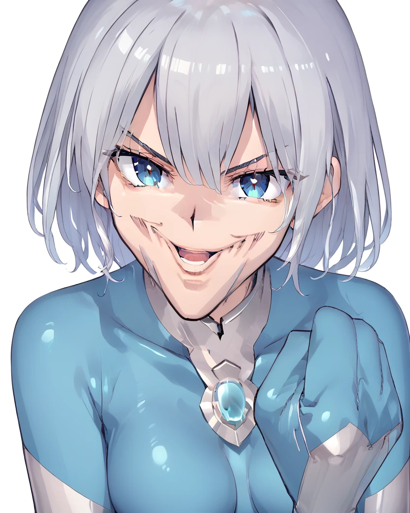 <lora:niyon:1>,niyon,short hair,silver hair,bodysuit,latex bodysuit,blue chest jewel,medium breasts,
1girl,solo,
Joey_Chin_A,Hand up,LOOKING AT VIEWER,CLENCHED HAND,PORTRAIT,smile,open mouth,<lora:Concept_Meme_Joey_Wheelers_Creepy_Chin_A:0.9>,, score_9,score_8_up,score_7_up,source_anime,best quality,masterpiece,uncensored,detailed eyes,