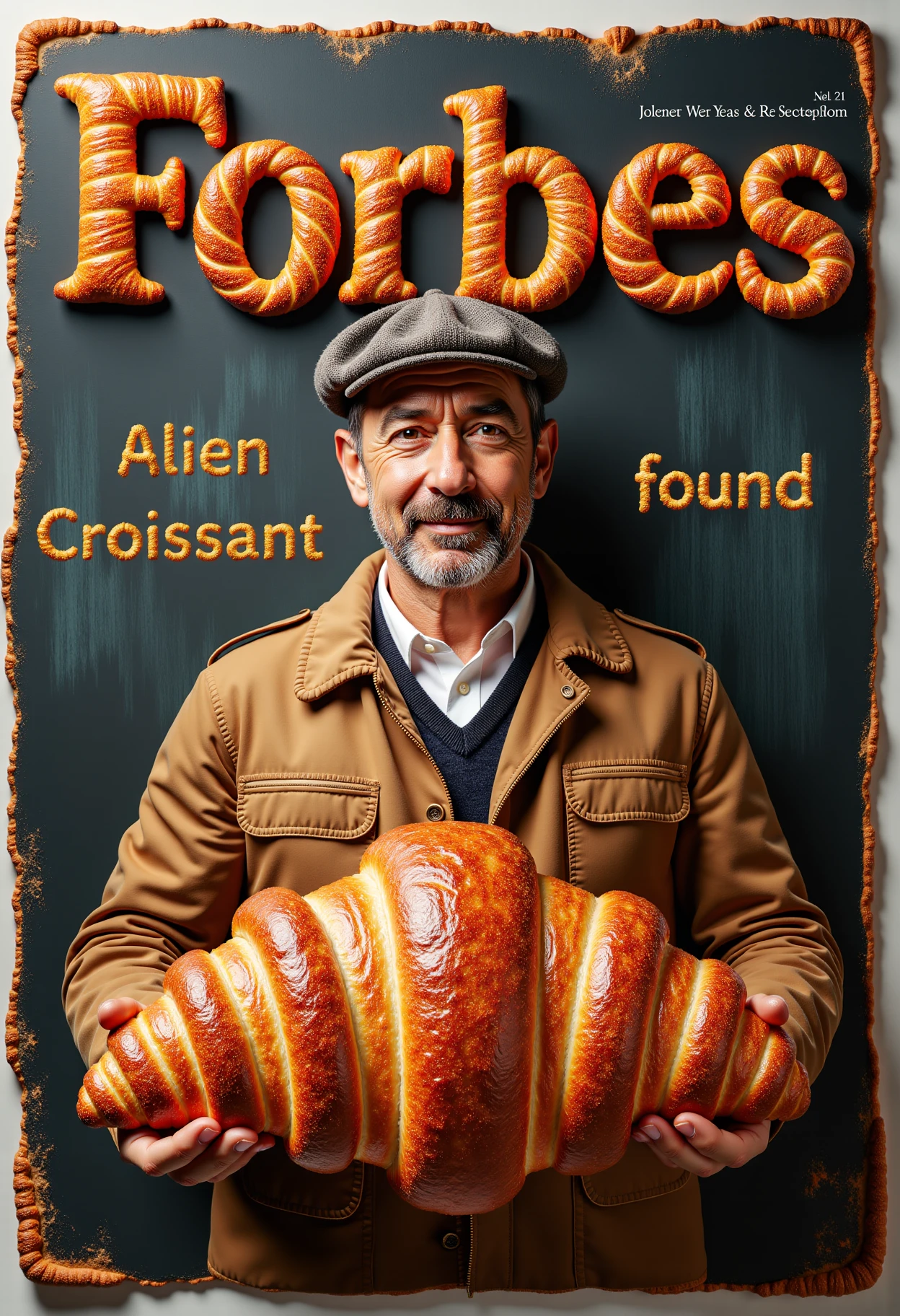 title made of pastry with the words "Alien Croissant found", Forbes cover showing a realistic photo of a French man with a twirled moustache and a beret holding a giant alien croissant, professionally color graded
<lora:dvr-pastry-font-flux:1>