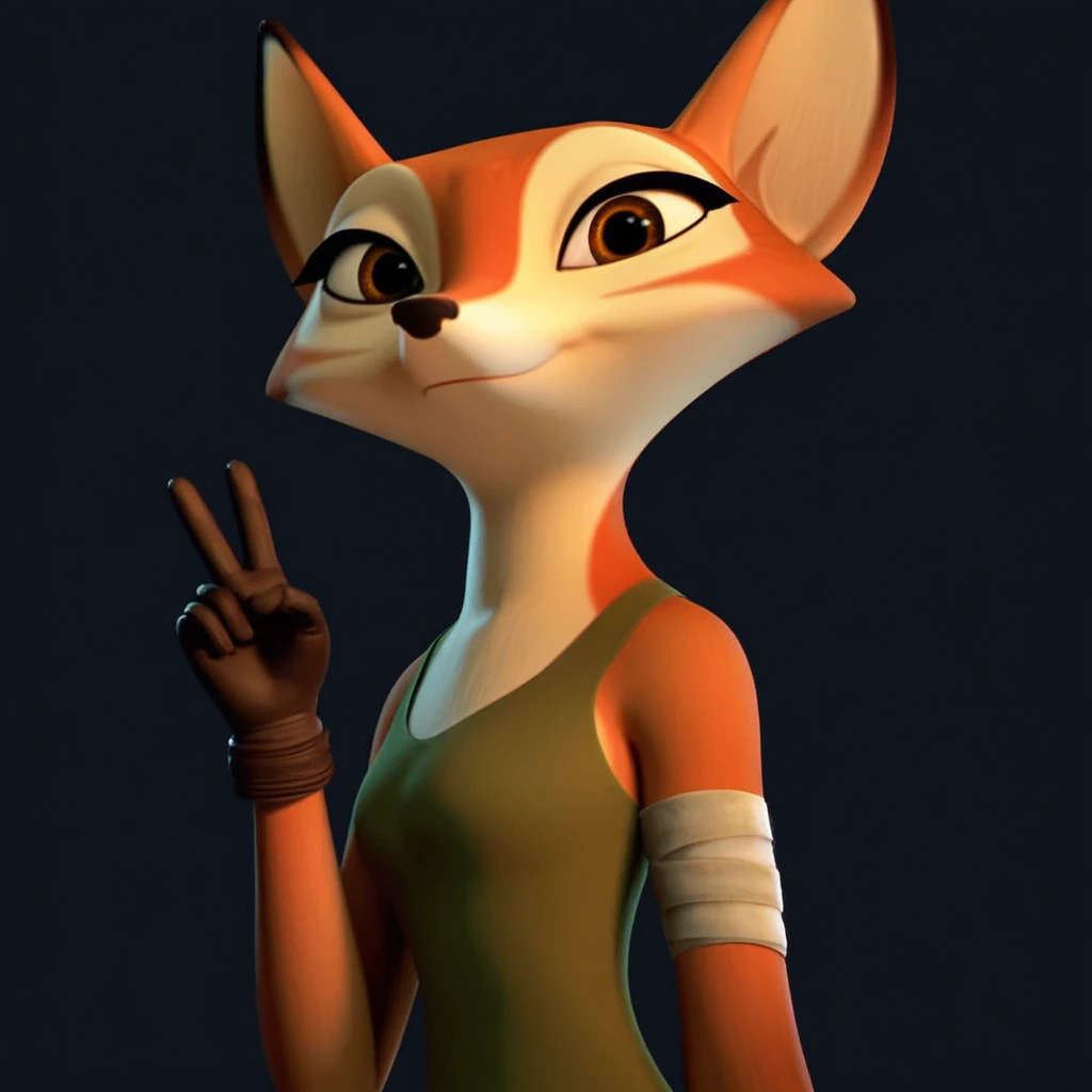 score_9, score_8_up, score_7_up, 1boy, solo,  Expressiveh, (VixSAST, furry, anthro, fox girl, fox tail, brown eyes, orange body, orange fur, green tank top, jeans, gloves, arm bandage), close-up, standing, smile, closed mouth, looking at viewer, peace sign, black background, simple background, 4k, masterpiece, best quality, highly detailed, realistic