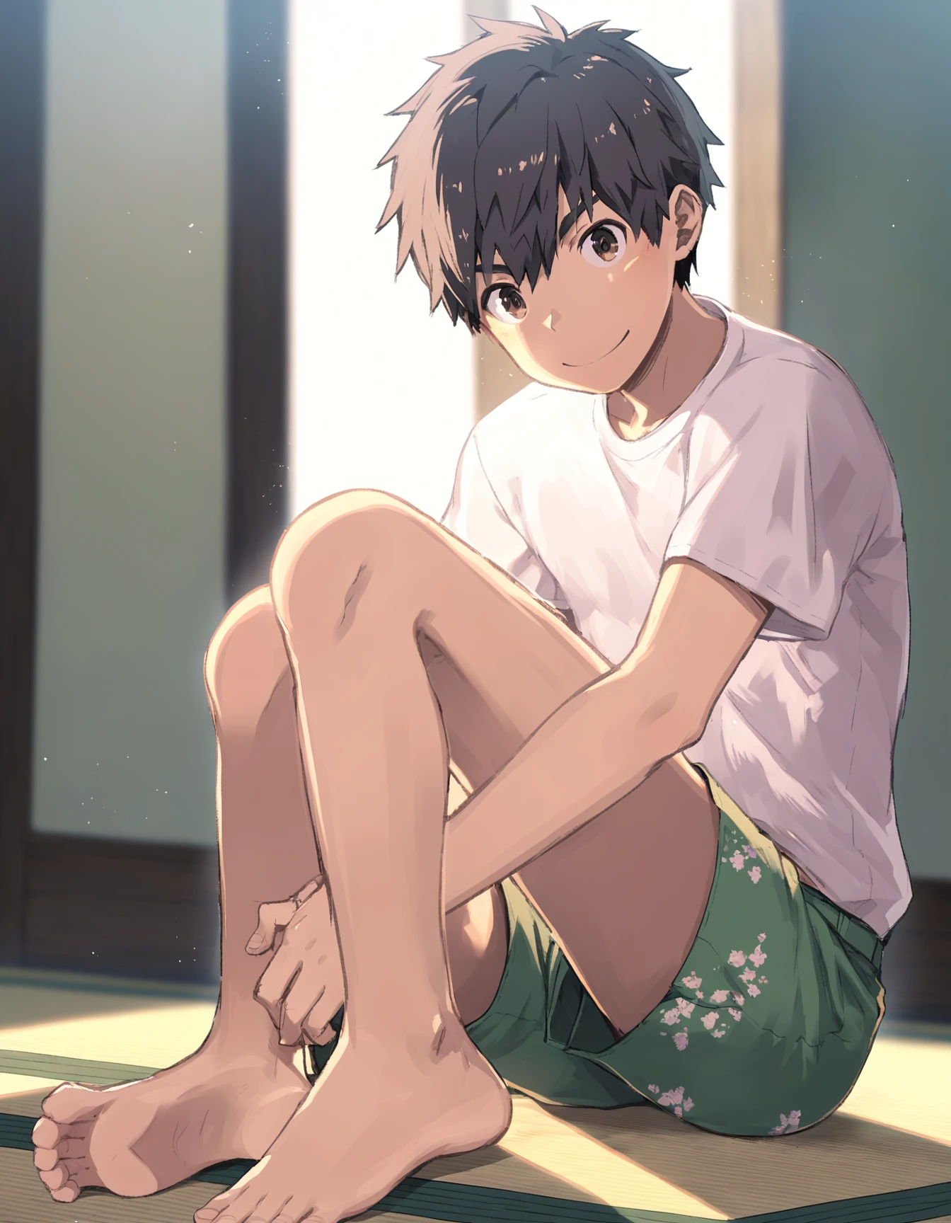 score_9, score_8_up, score_7_up, score_6_up, source_anime, indoors, tatami, sunlight, 1boy, brown eyes, black hair, solo, looking at viewer, smile, t-shirt, shorts, sitting on floor, barefoot, arm support, arm between legs <lora:steelwire_AMXL_v1c-ShoAI:1>